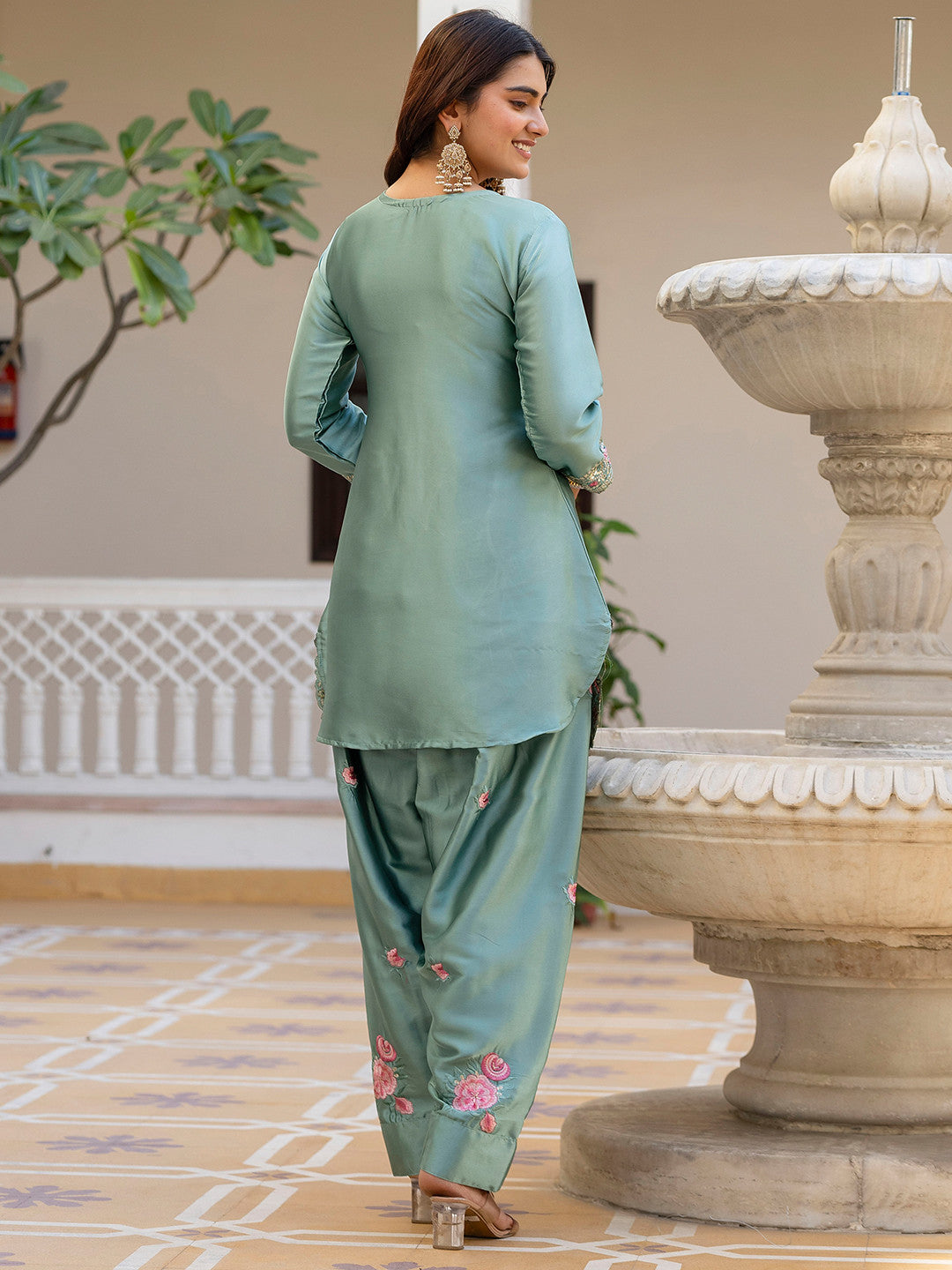 Pista Satin Kurta Patiala Pant Set With Heavy Thread Embroidery Sequins Work