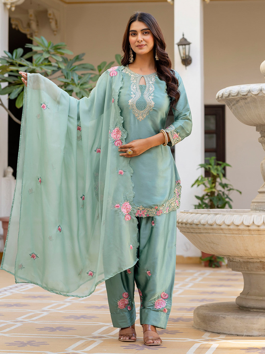 Pista Satin Kurta Patiala Pant Set With Heavy Thread Embroidery Sequins Work
