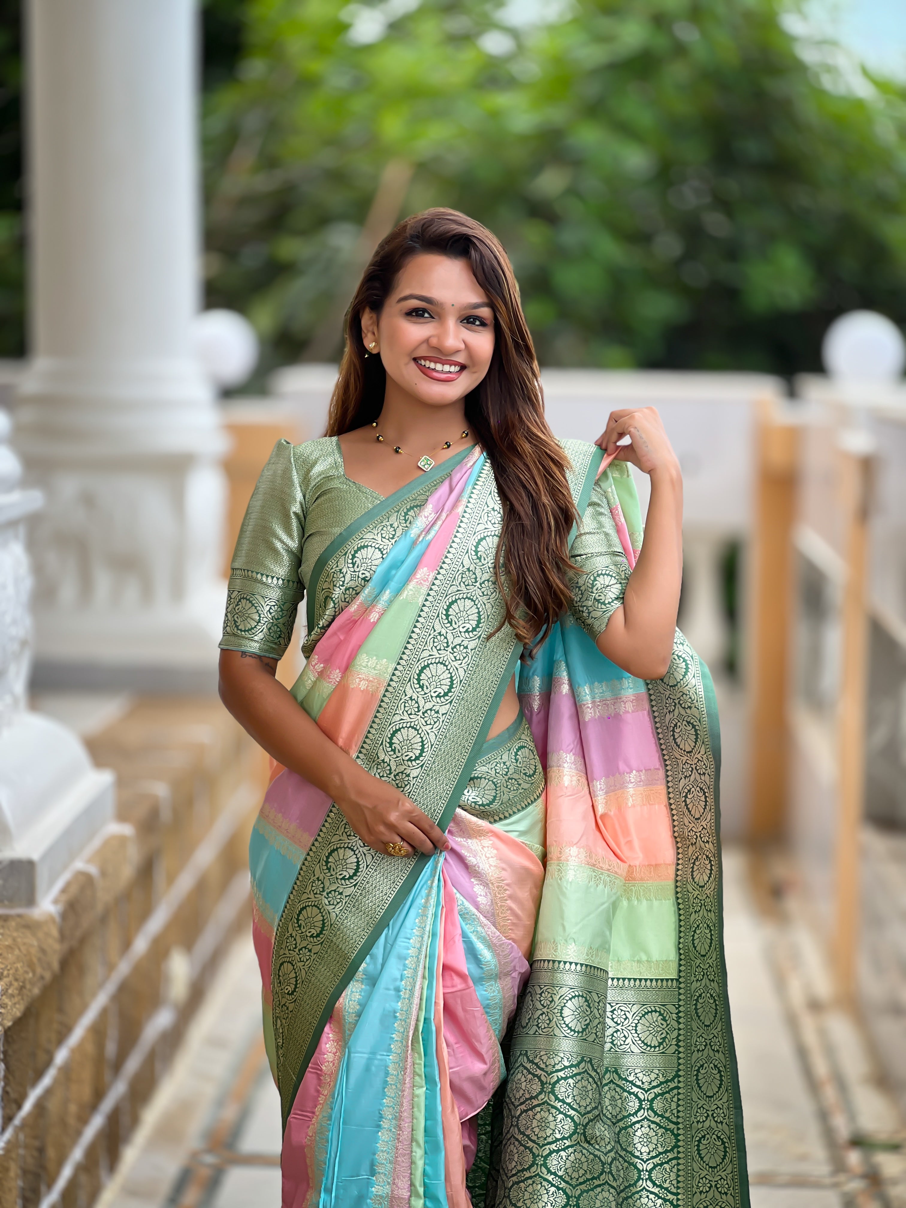 Pista Soft Silk Woven Jacquard Designer Festive Wear Traditional Saree