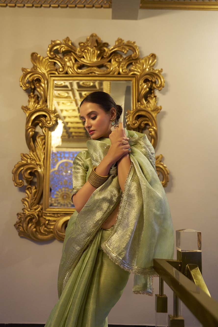 Pista Tissue Shimmer Saree with Zari Weaving & Sequins Lace