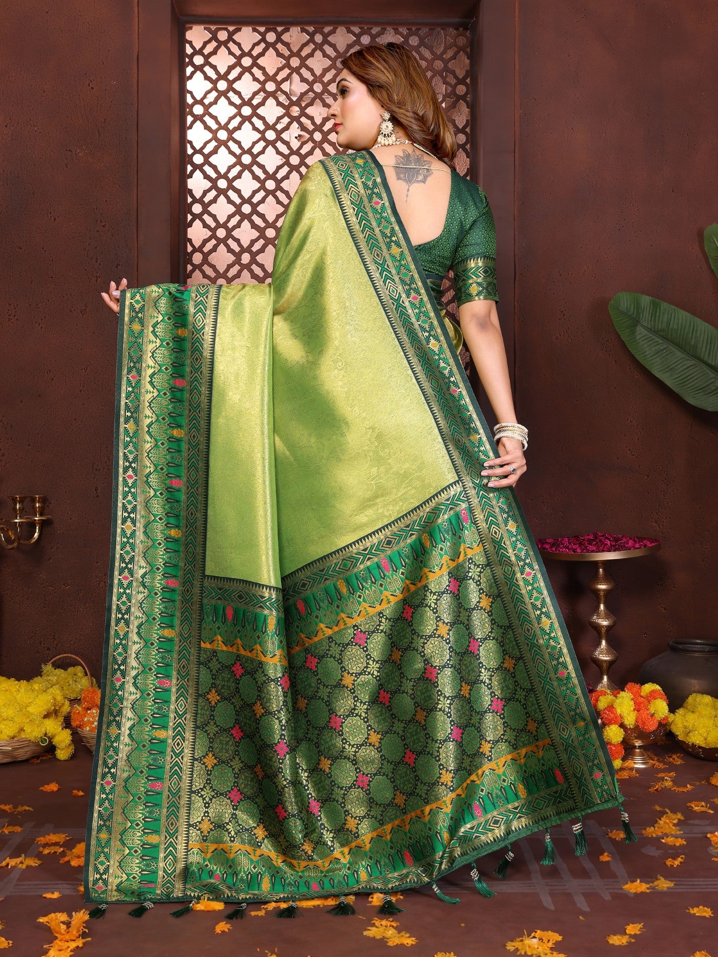 Pista Tissue Silk Saree With Traditional Weaving