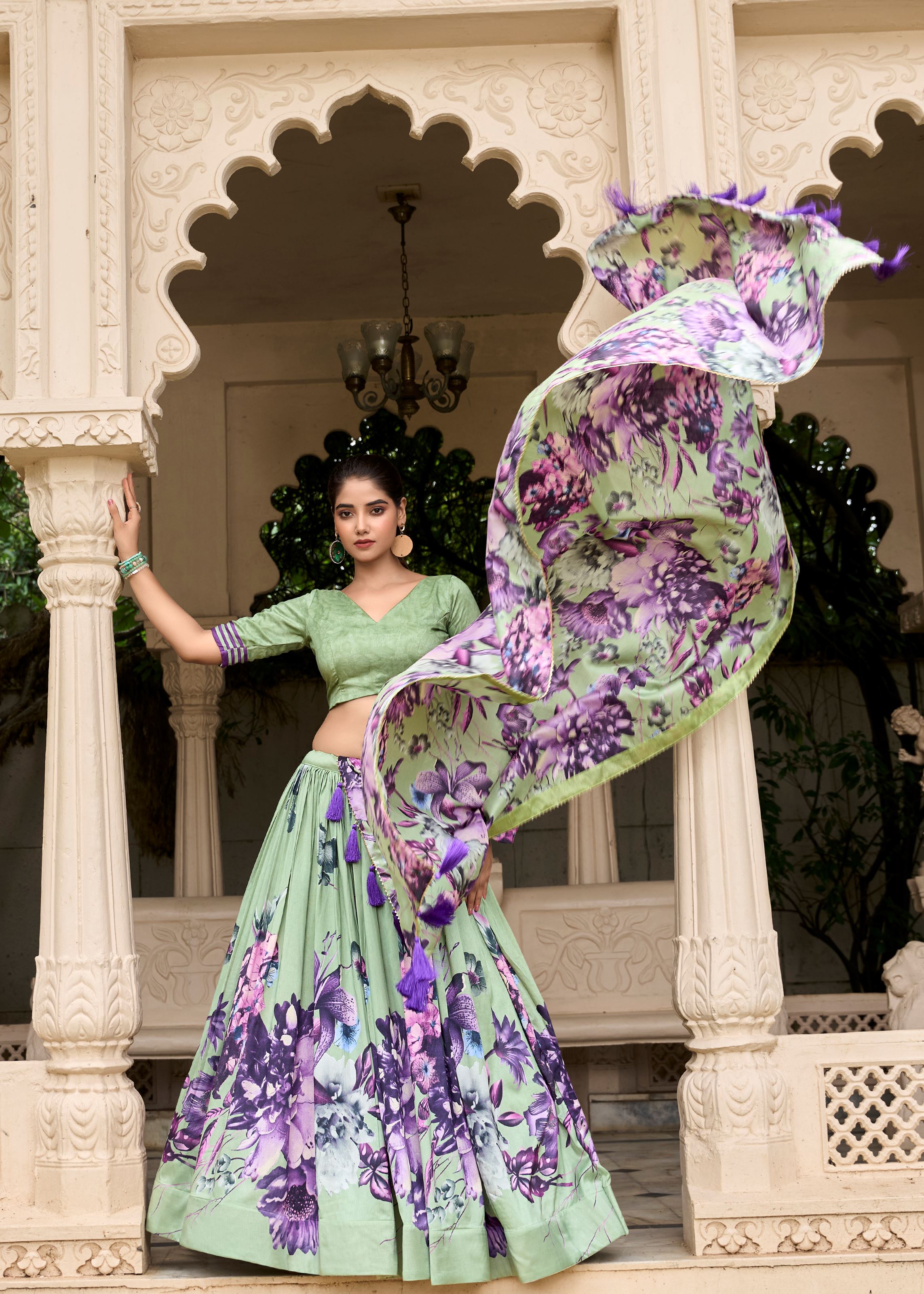 Pista Tussar Silk Lehenga with Floral Print & Lace Grace