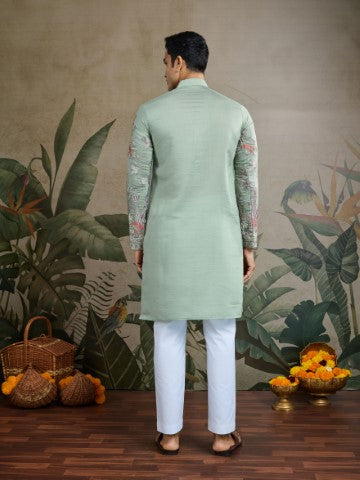 Pista Viscose Silk Sequins Embroidery Ethnic Partywear Kurta