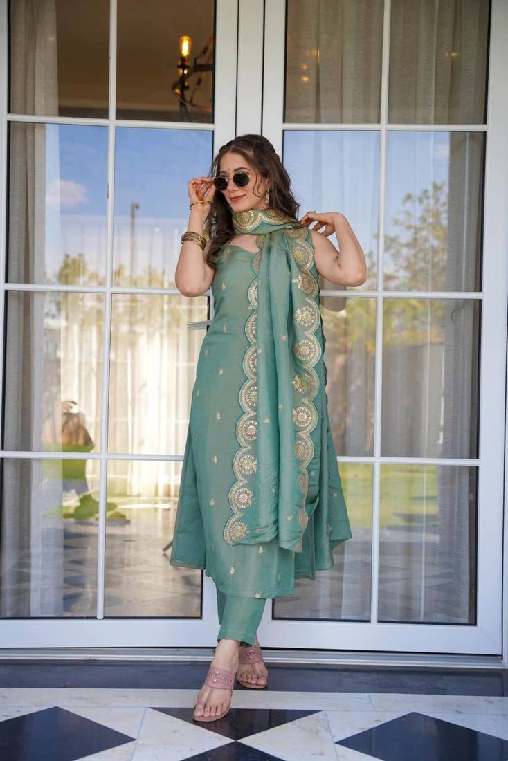Pista Viscose Zari Chanderi Elegant Kurta Pant Set With Embroidery Work