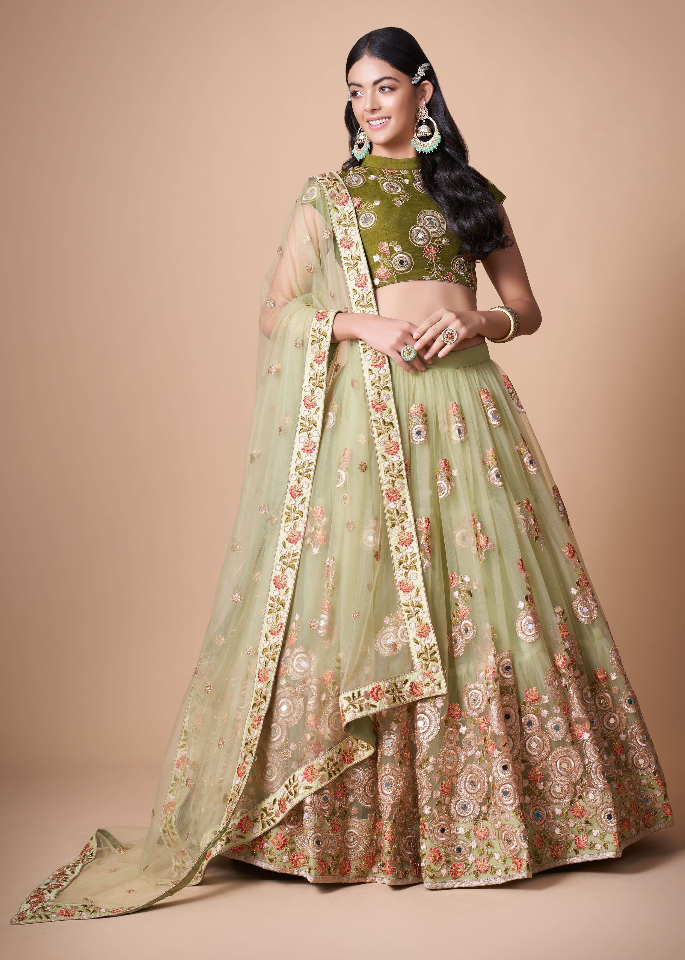 Pista green Lehenga Choli With Thread, Zari, Dori And Sequins Embroidery With Mirror Work