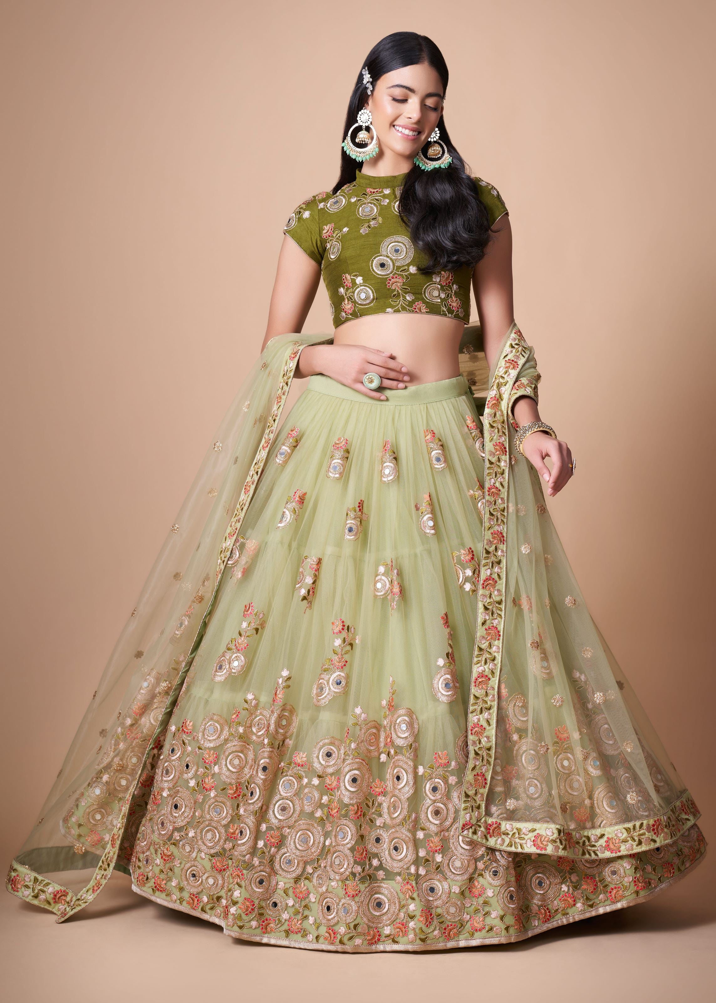 Pista green Lehenga Choli With Thread, Zari, Dori And Sequins Embroidery With Mirror Work