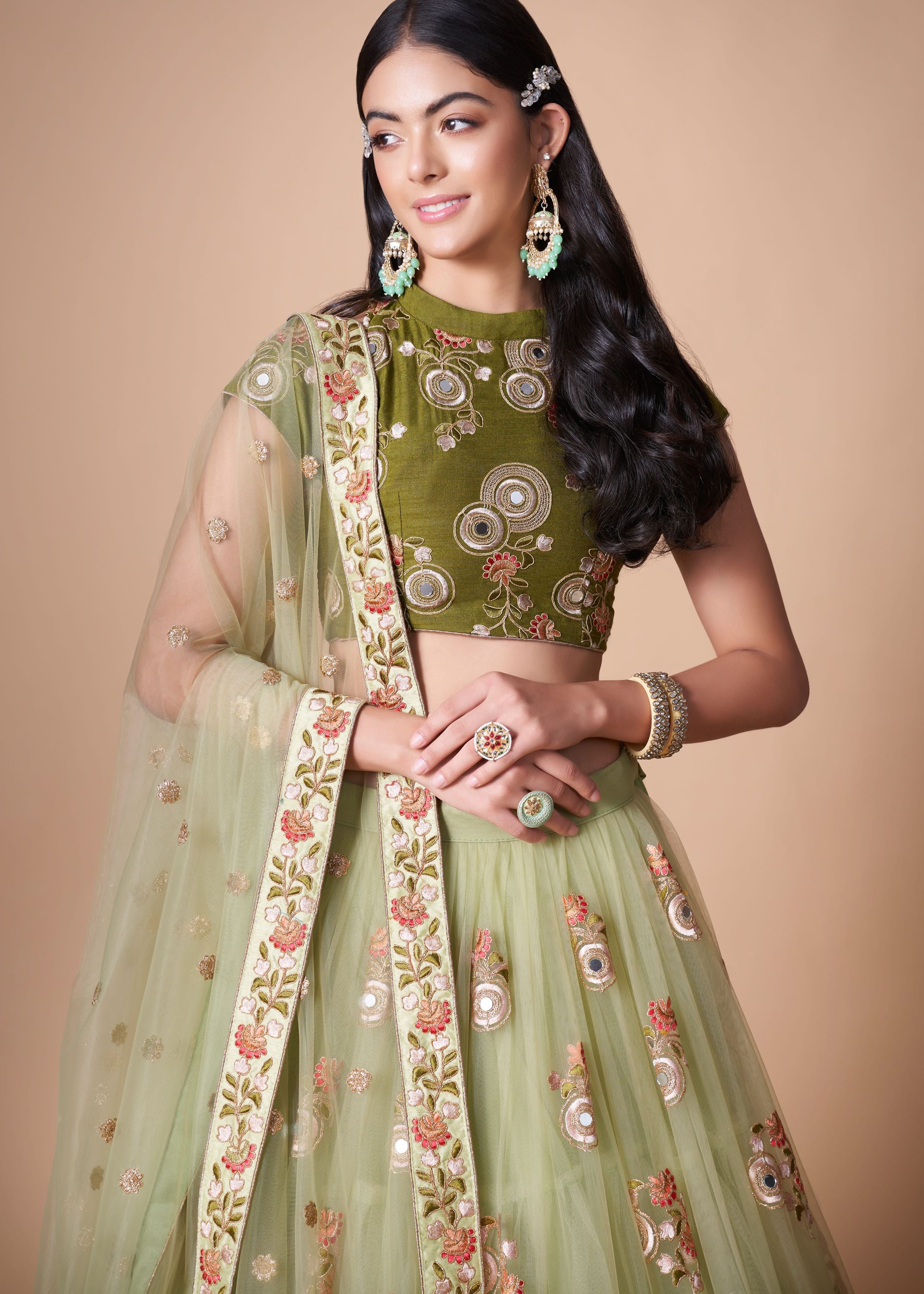 Pista green Lehenga Choli With Thread, Zari, Dori And Sequins Embroidery With Mirror Work
