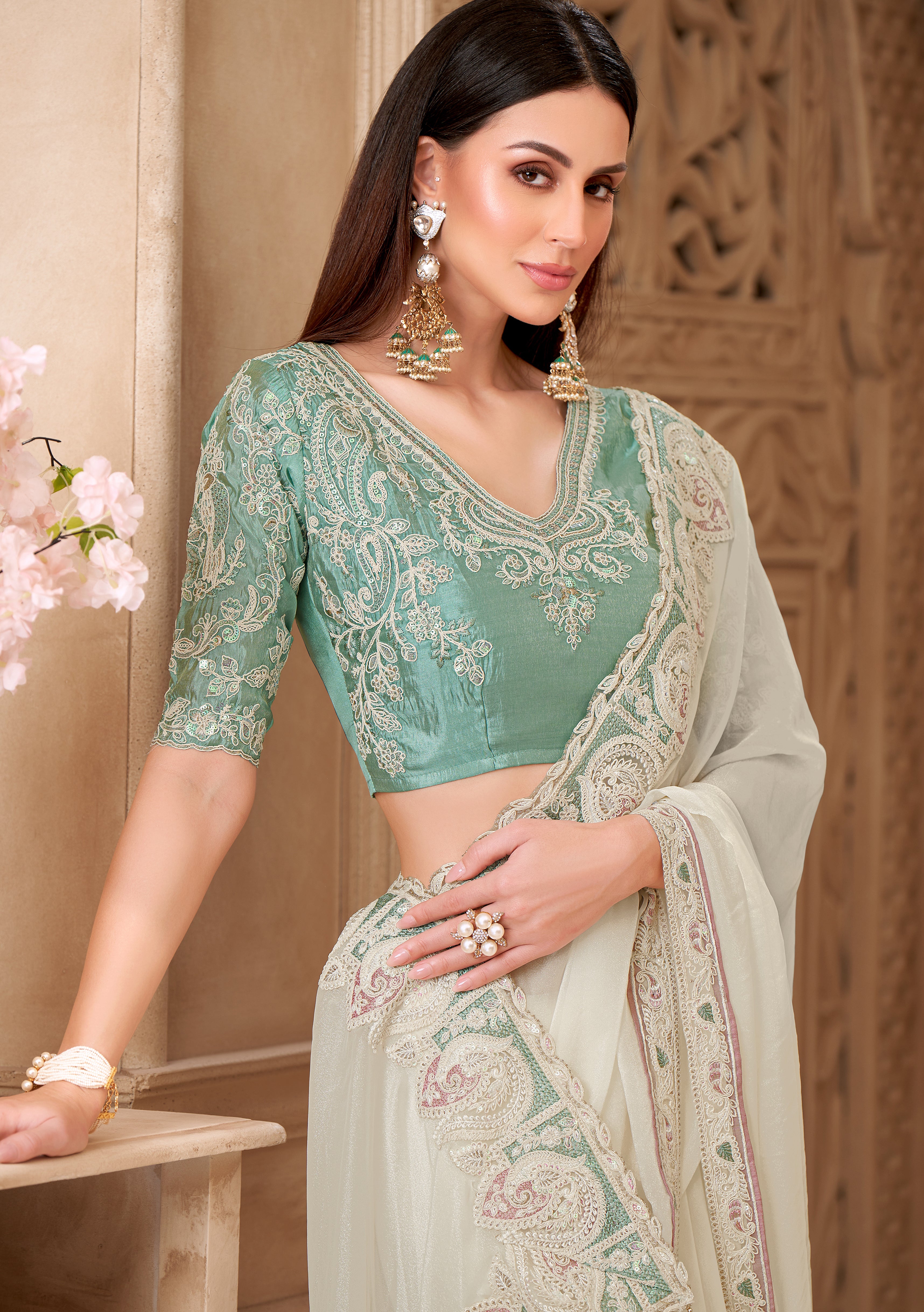Powder White Saree With Heavy Thread Embroidery Sequins Border Work With Embroidery Blouse