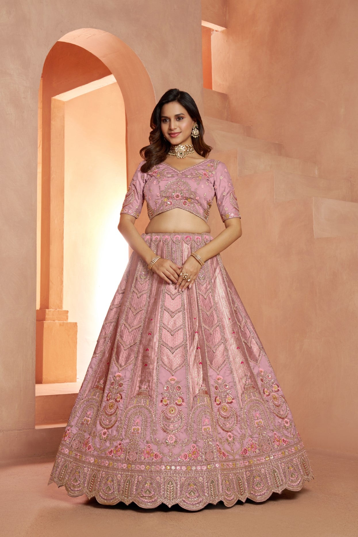 Premium Pink Banarasi Silk Bridal Lehenga Choli with Pastel Elegance
