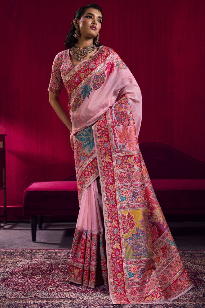 Premium Pink Modal Pashmina Saree with Rich Handloom Zari Design