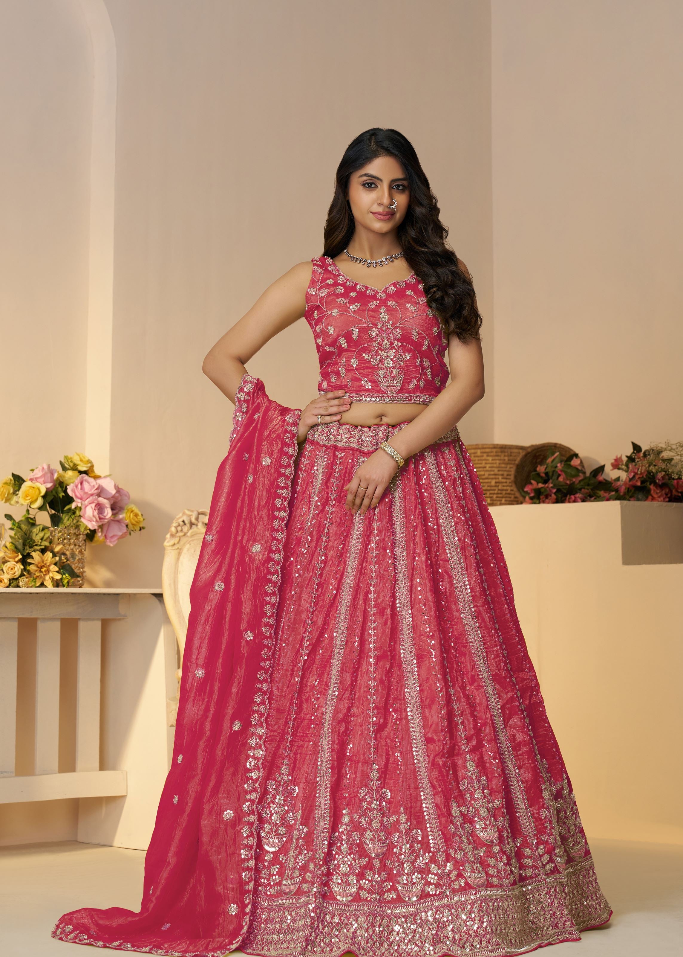 Pretty Pink Silk Intricate Paisley Motifs Traditional Embroidered Wedding Lehenga