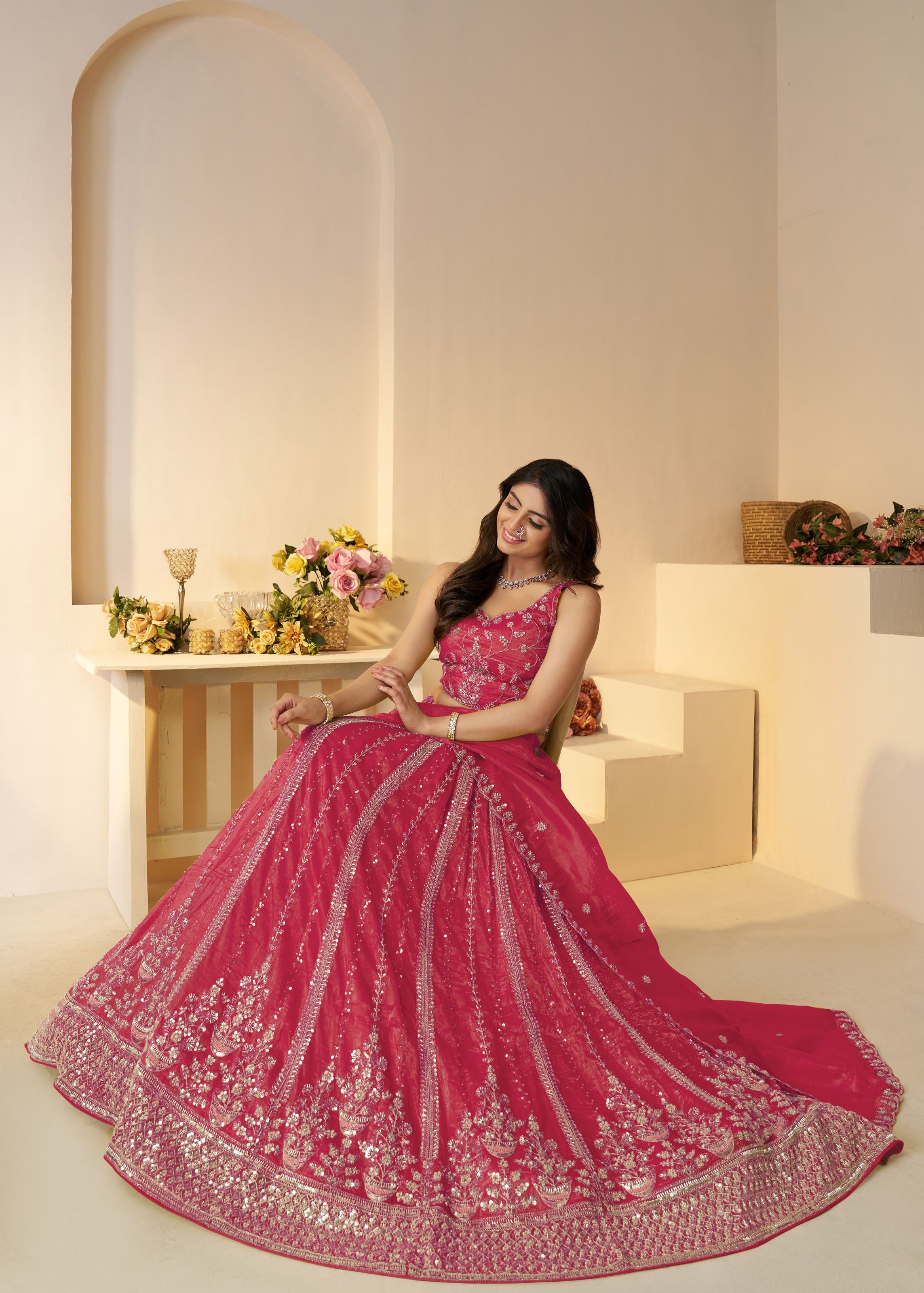 Pretty Pink Silk Intricate Paisley Motifs Traditional Embroidered Wedding Lehenga