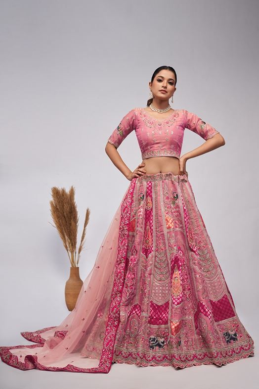 Pretty Pink Silk Intricate Paisley Motifs Traditional Embroidered Wedding Lehenga
