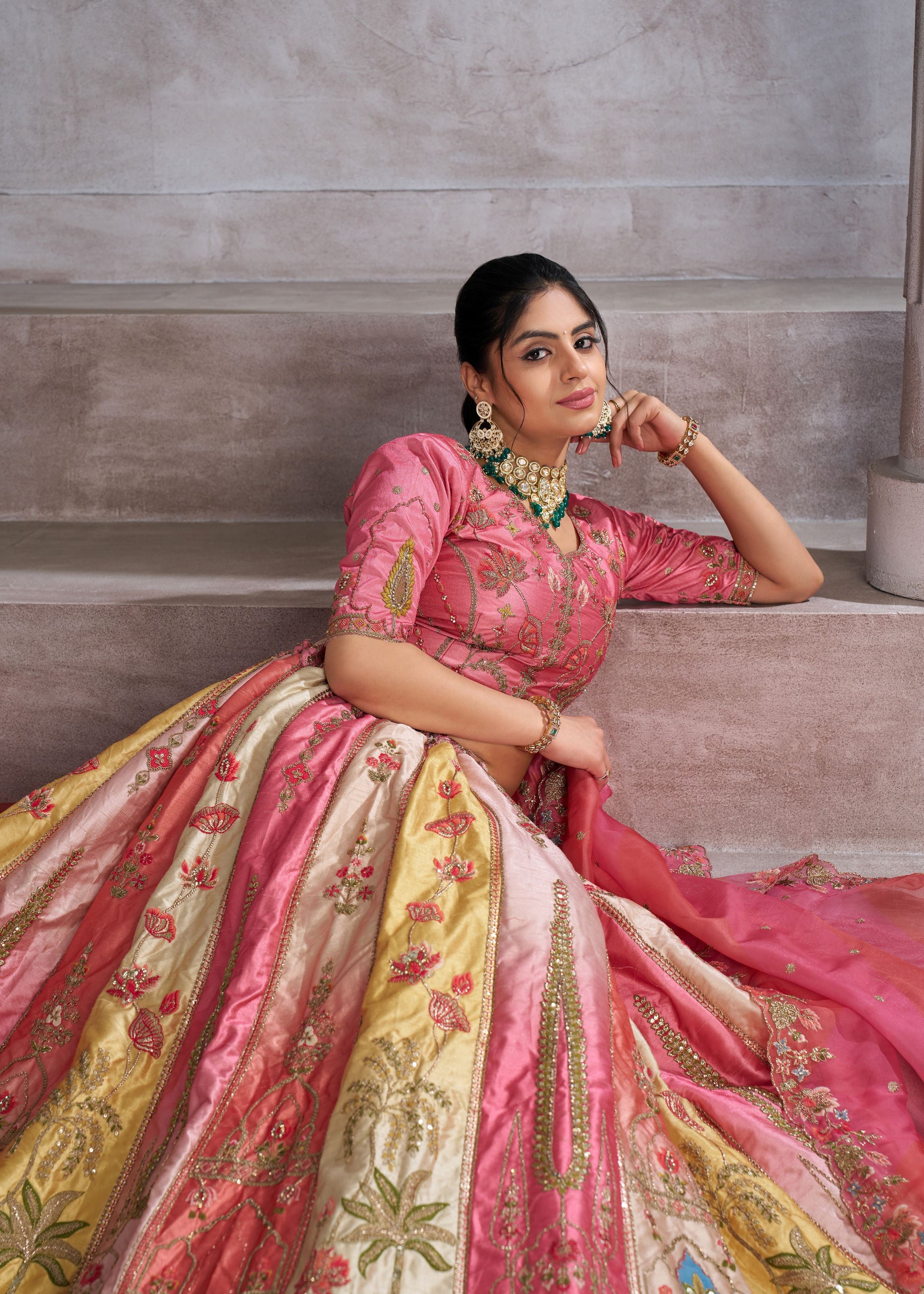 Pretty Pink Silk Intricate Paisley Motifs Traditional Embroidered Wedding Lehenga