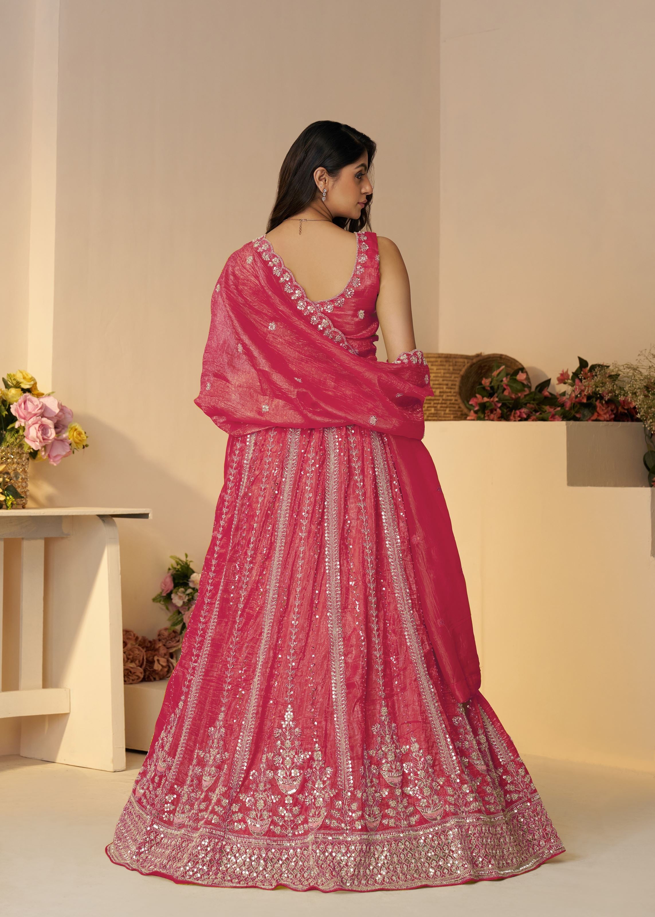 Pretty Pink Silk Intricate Paisley Motifs Traditional Embroidered Wedding Lehenga