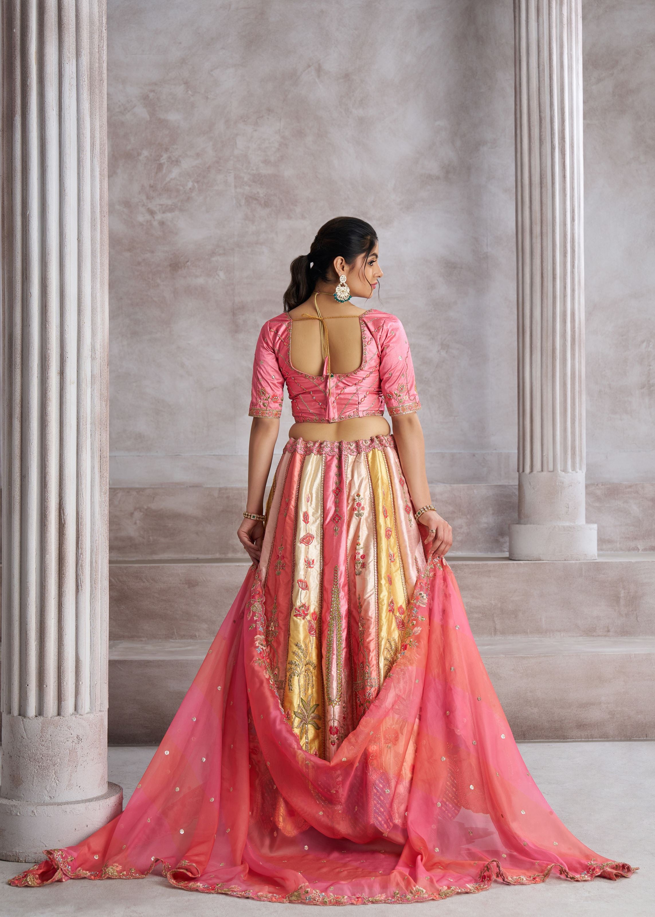 Pretty Pink Silk Intricate Paisley Motifs Traditional Embroidered Wedding Lehenga