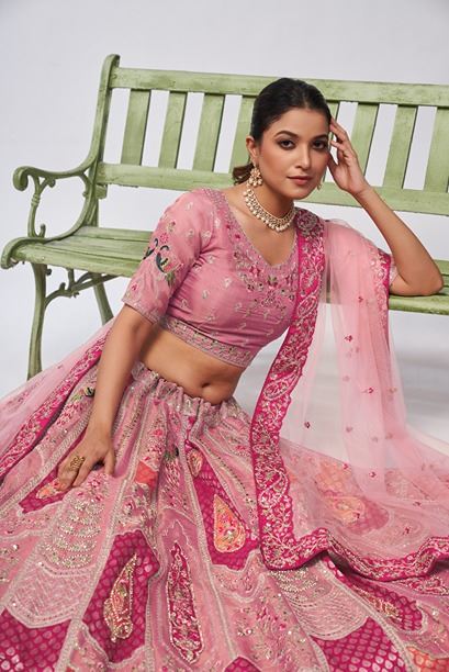 Pretty Pink Silk Intricate Paisley Motifs Traditional Embroidered Wedding Lehenga
