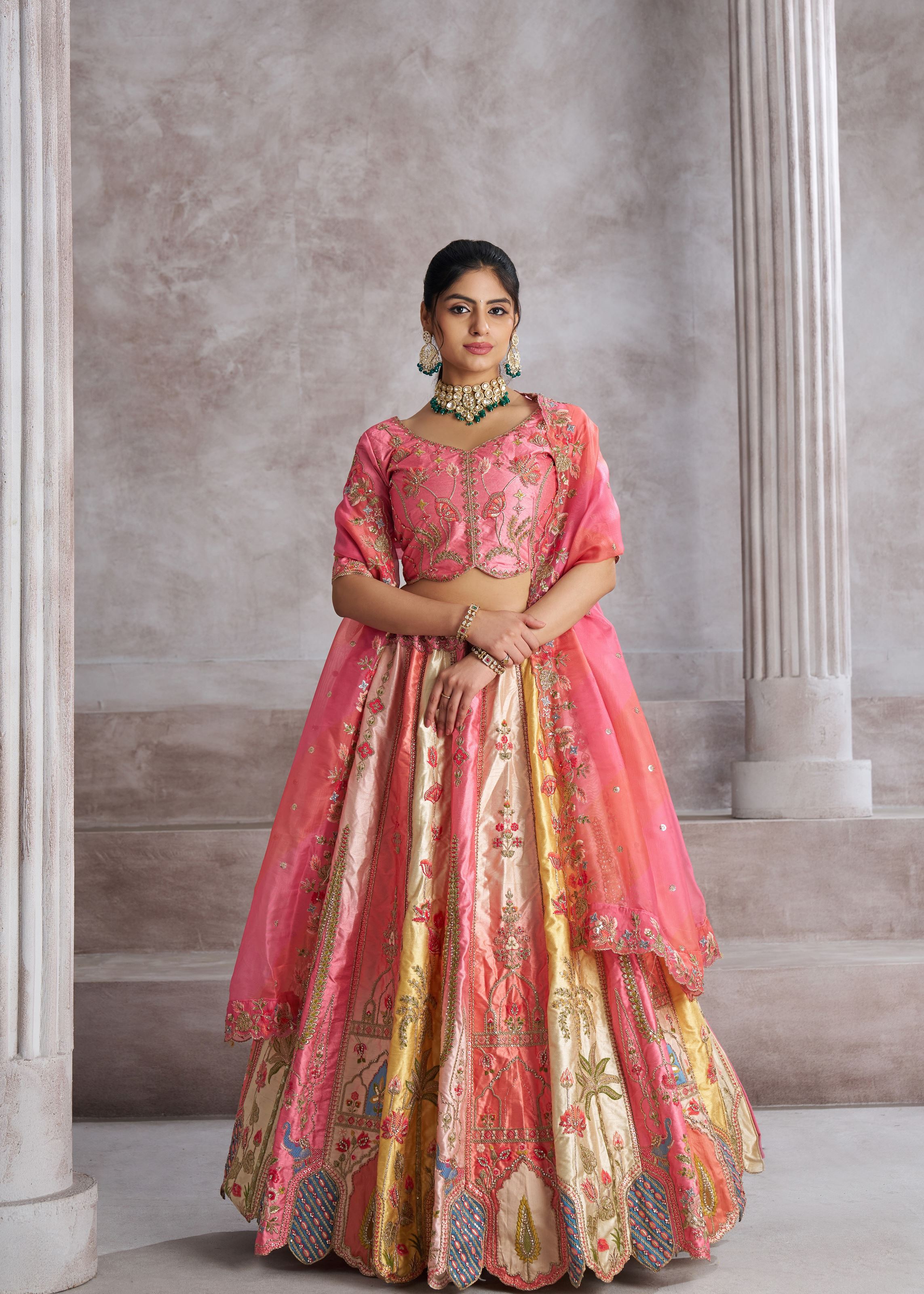 Pretty Pink Silk Intricate Paisley Motifs Traditional Embroidered Wedding Lehenga
