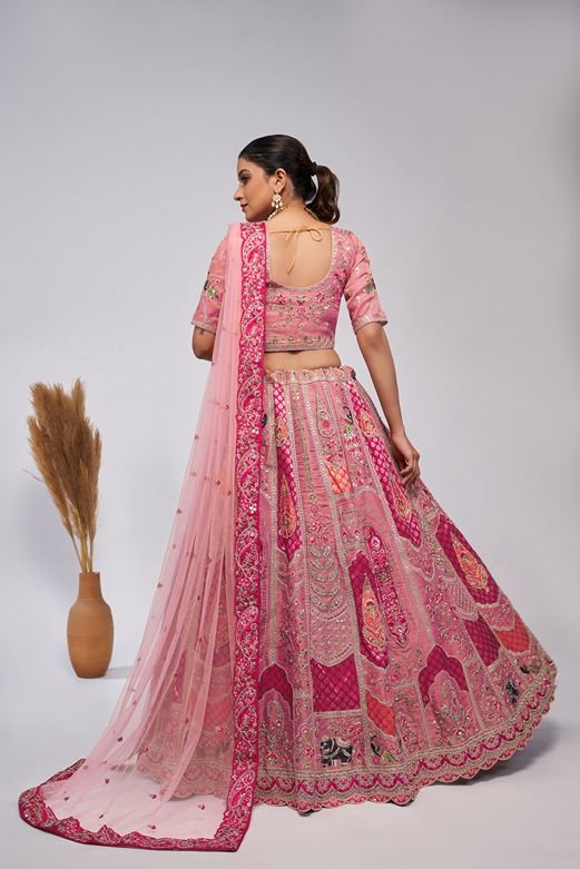 Pretty Pink Silk Intricate Paisley Motifs Traditional Embroidered Wedding Lehenga