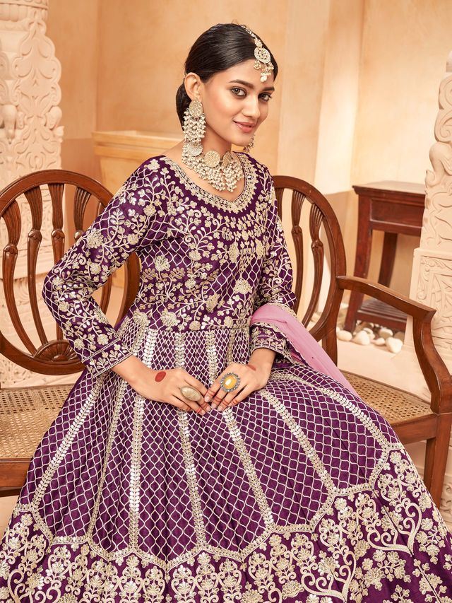 Purple Art Silk Heavy Thread Embroidery with Zari Work Anarkali Suits