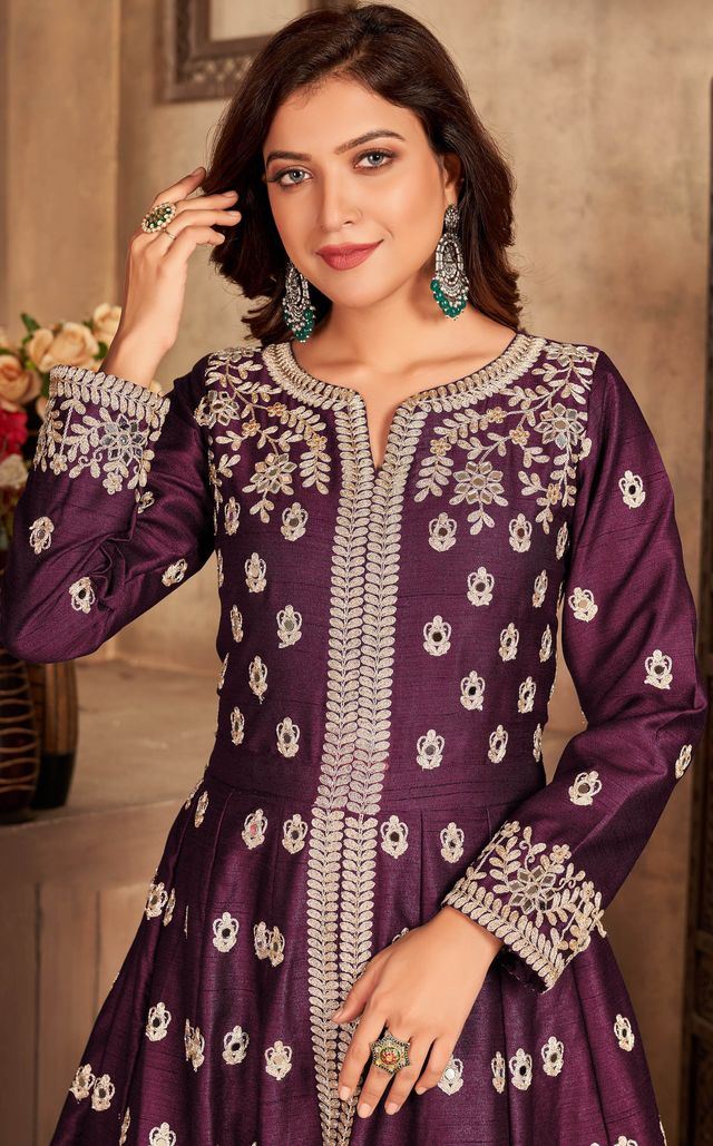 Purple Art Silk Thread Embroidery, Zari With Mirror Work Anarkali Suits