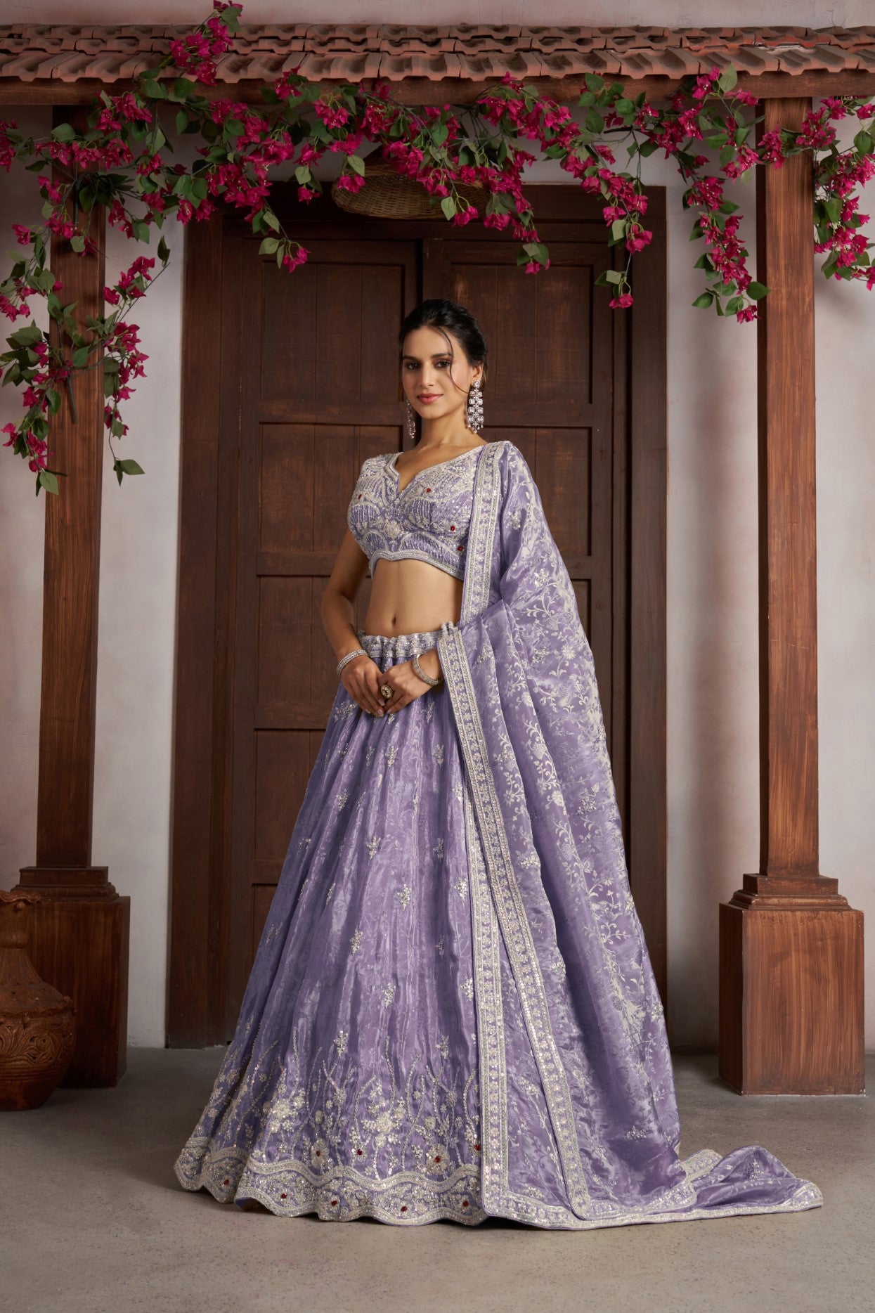 Purple Banarasi Jari Tissue Bead Embellished Wedding Lehenga Choli