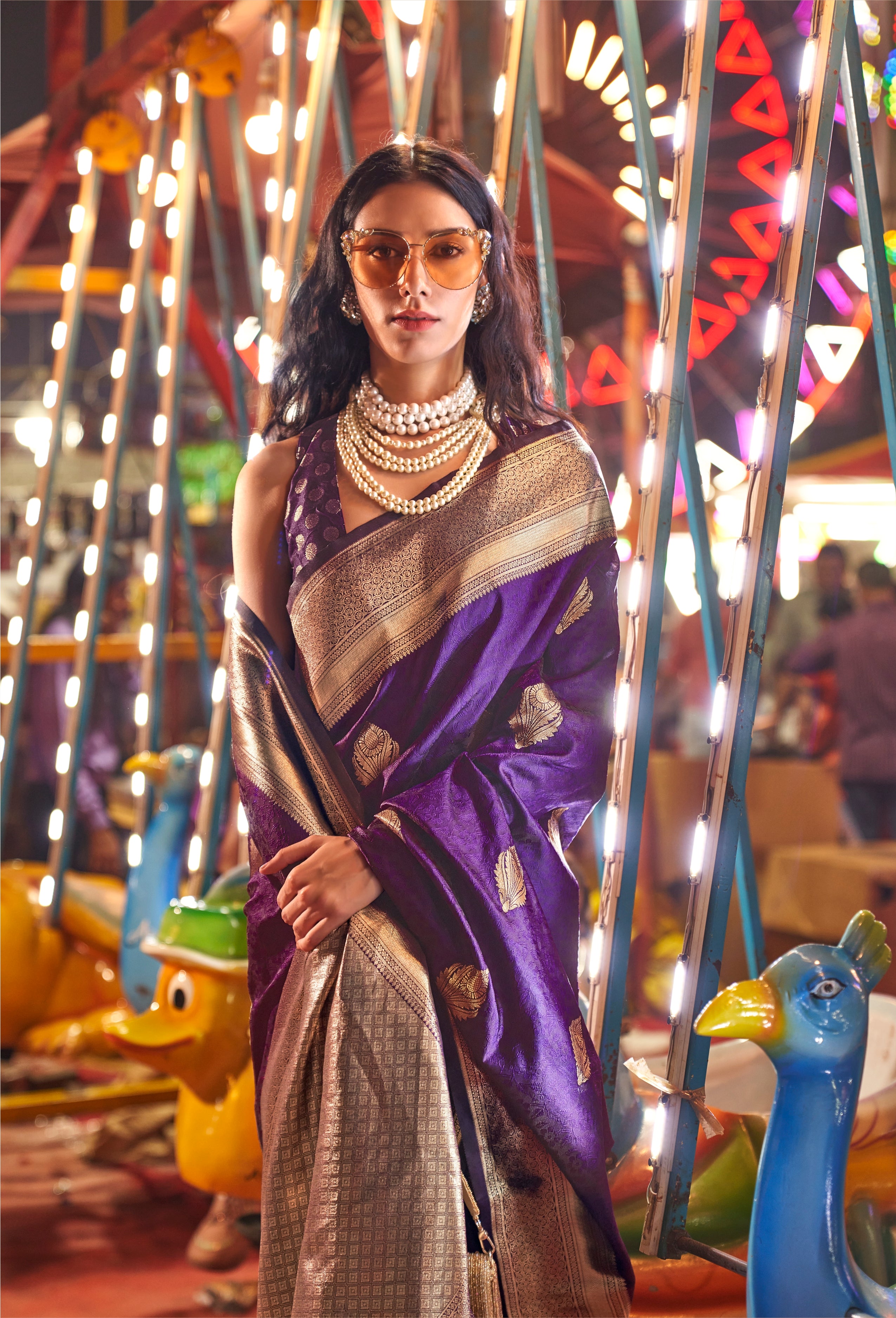 Purple Banarasi Silk Saree With Jacquard Woven Work