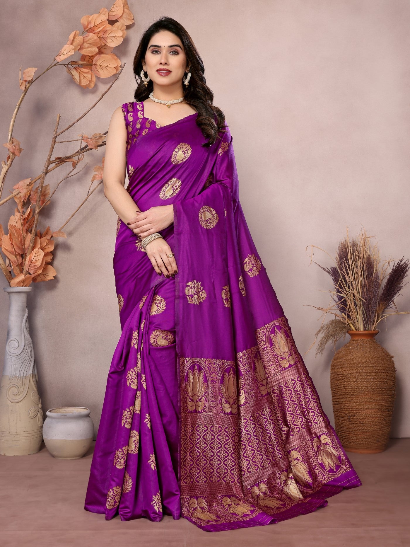 Purple Banarasi Silk Saree With Weaving