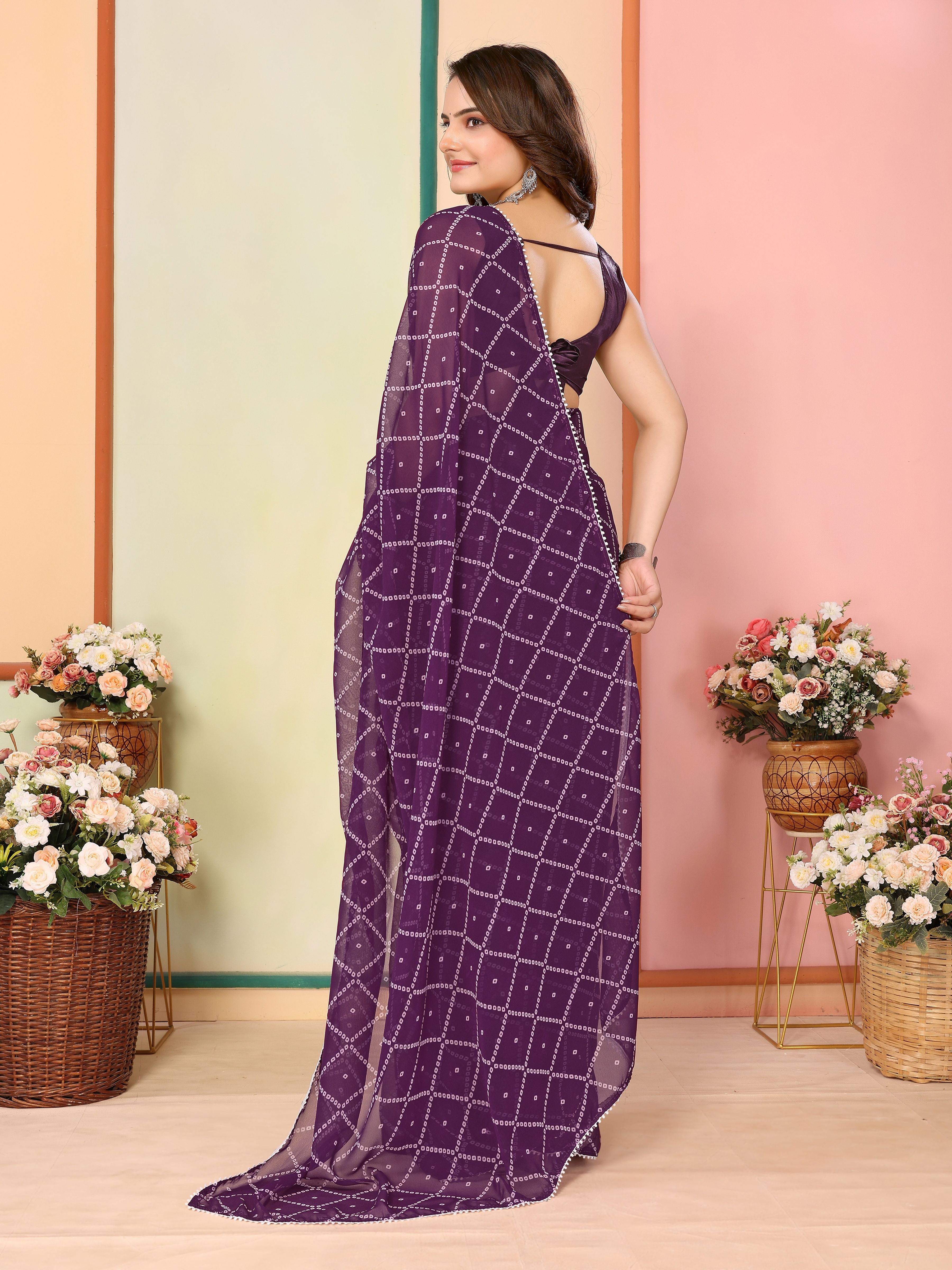 Purple Beautiful Pinted Ready To Wear Ethnic Partywear Saree