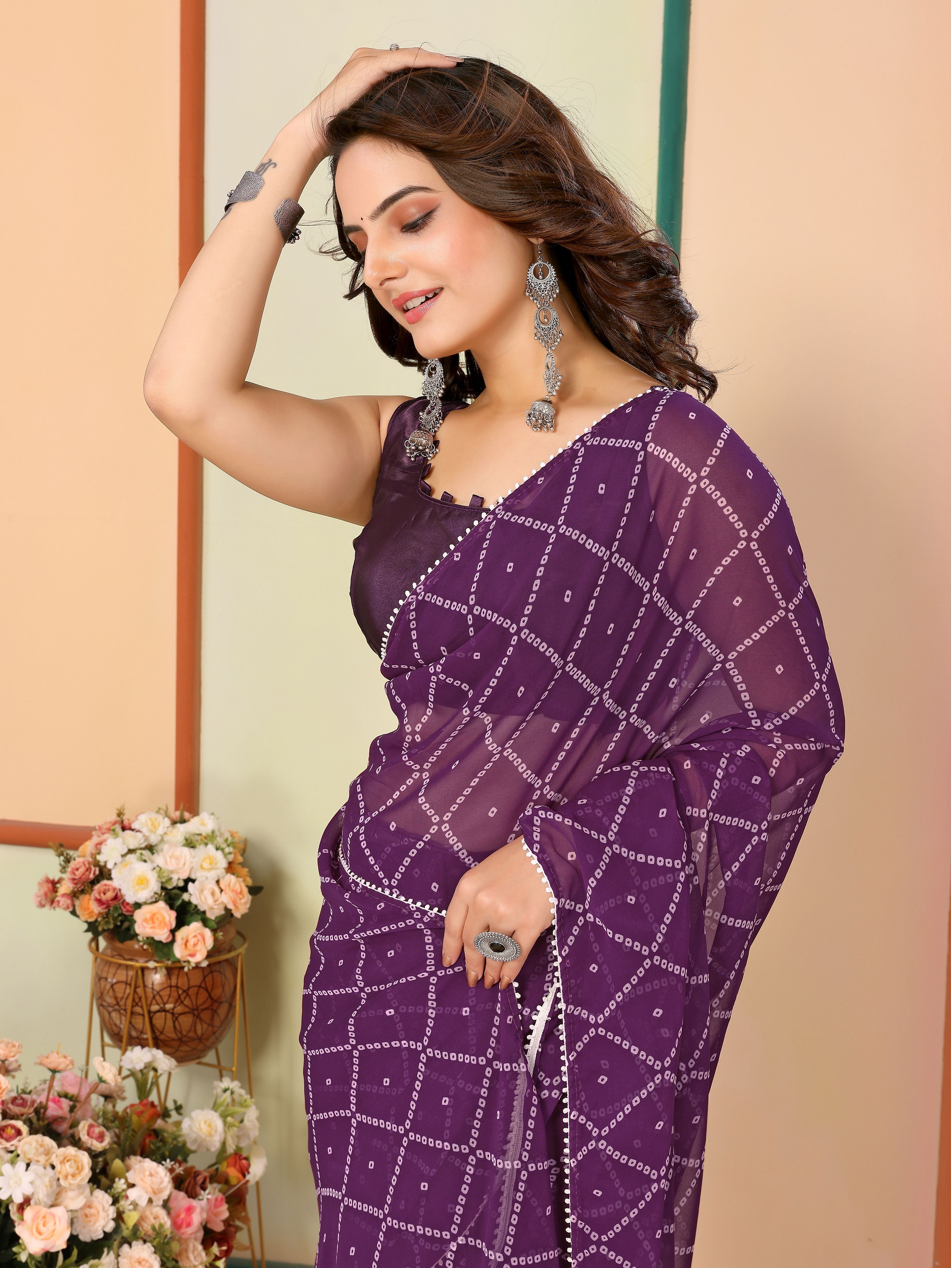 Purple Beautiful Pinted Ready To Wear Ethnic Partywear Saree