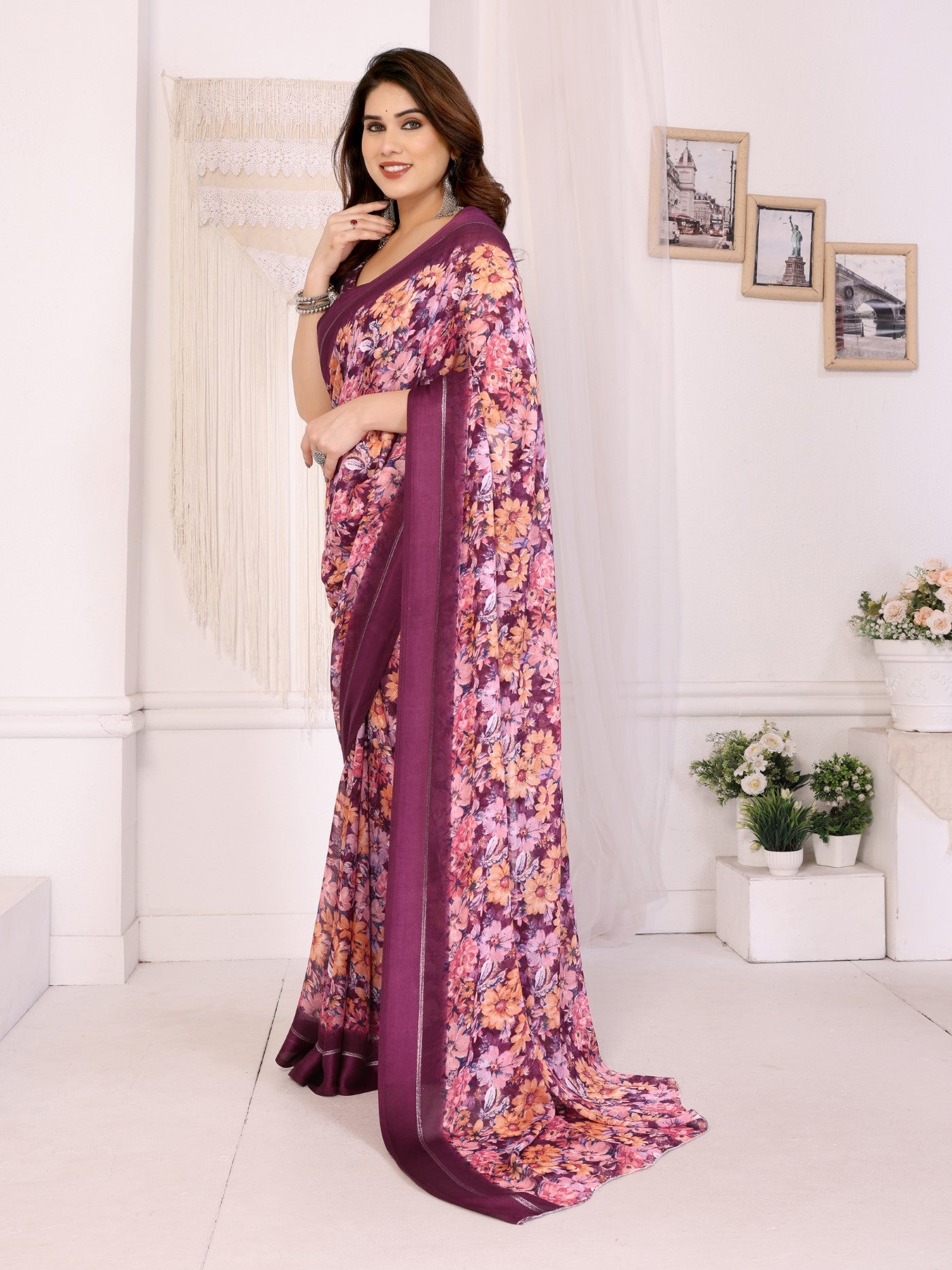 Purple Bright Moss Satin Patta Saree With Printed Design