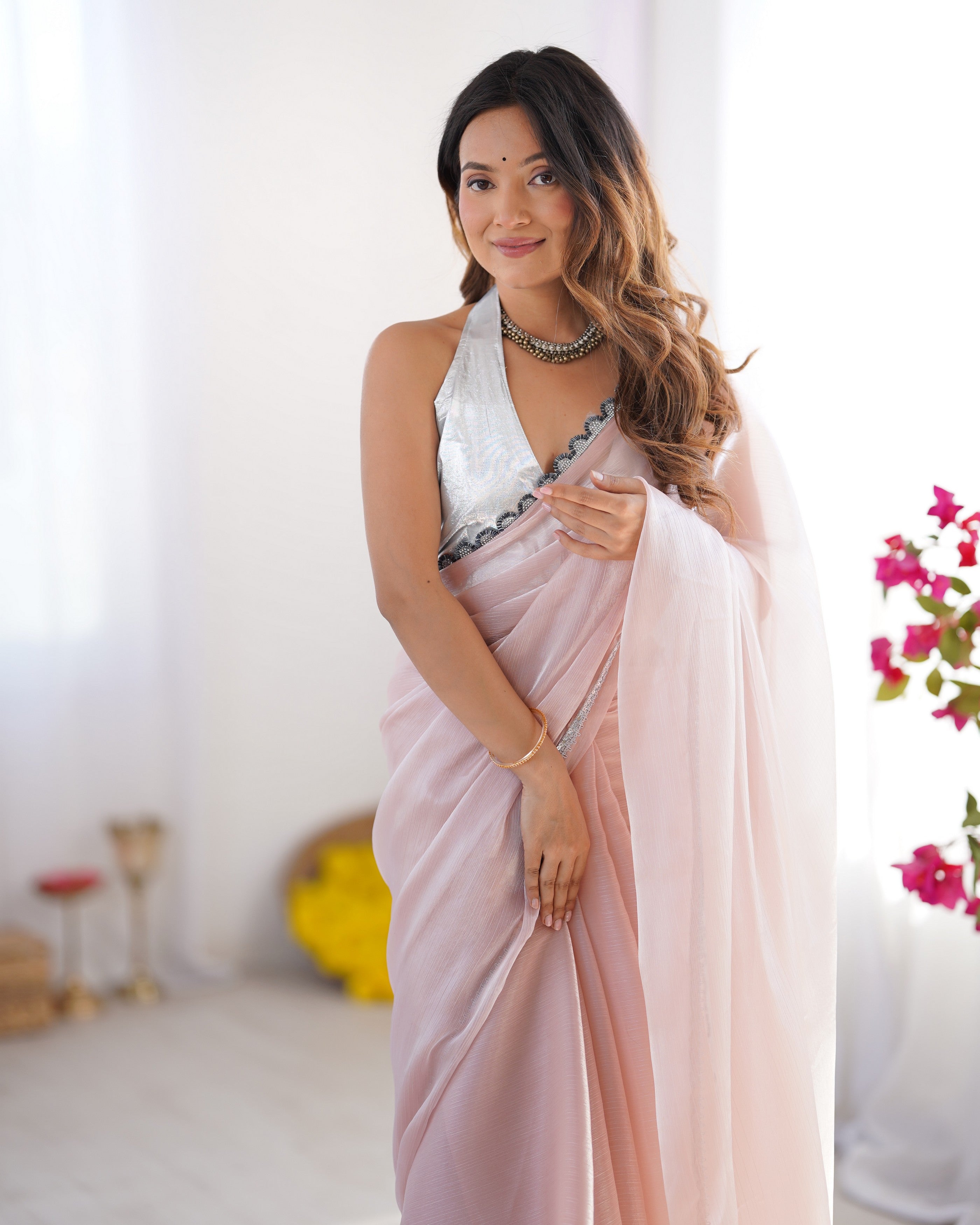 Purple Burberry Solid Designer With Lace Border Bollywood Style Saree