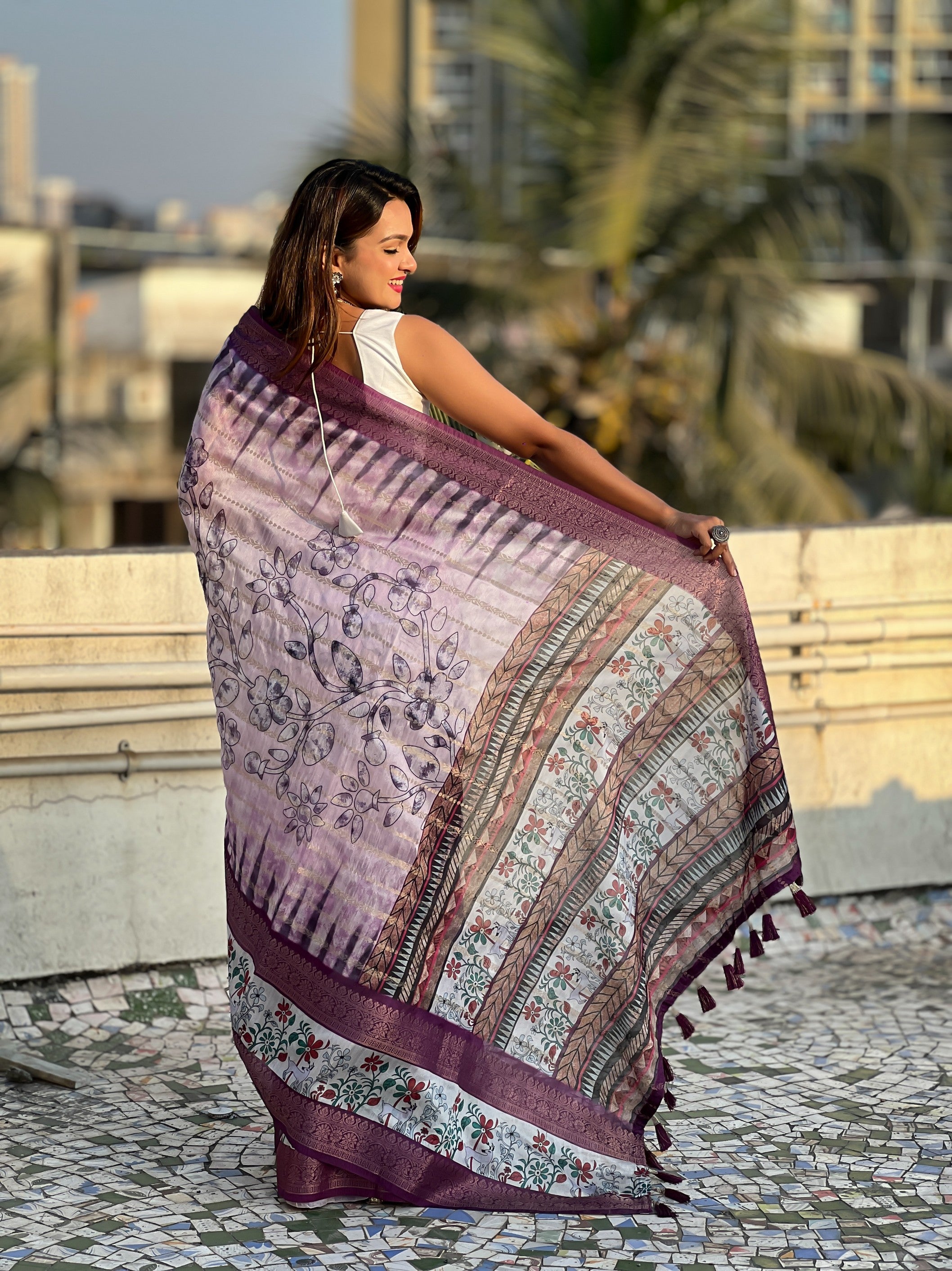 Purple Chanderi Crush Printed With Woven Jari Designer Elegant Sophisticated Saree