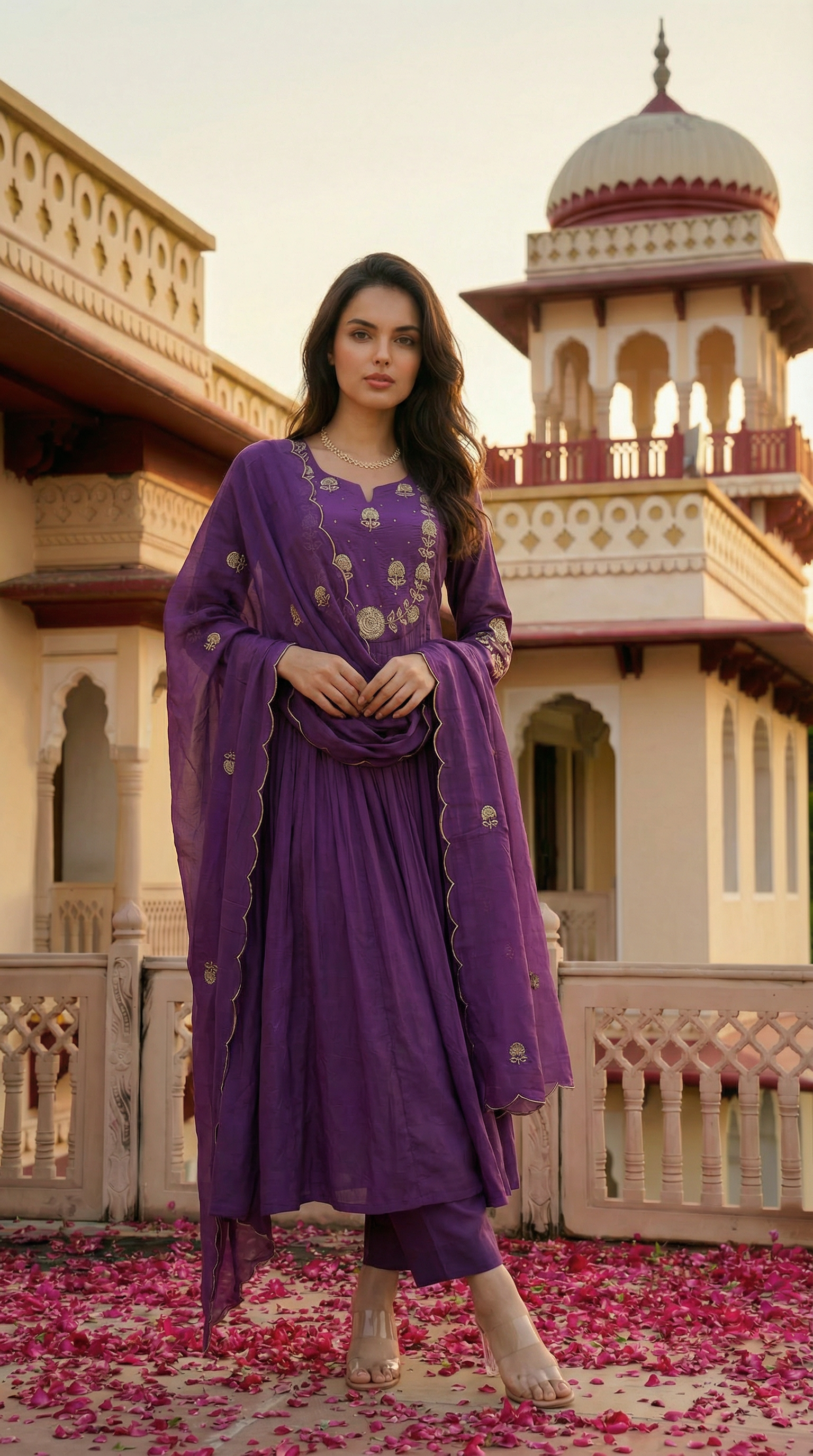Purple Chanderi Silk Kurta Pant Set With Heavy Thread Embroidery Work