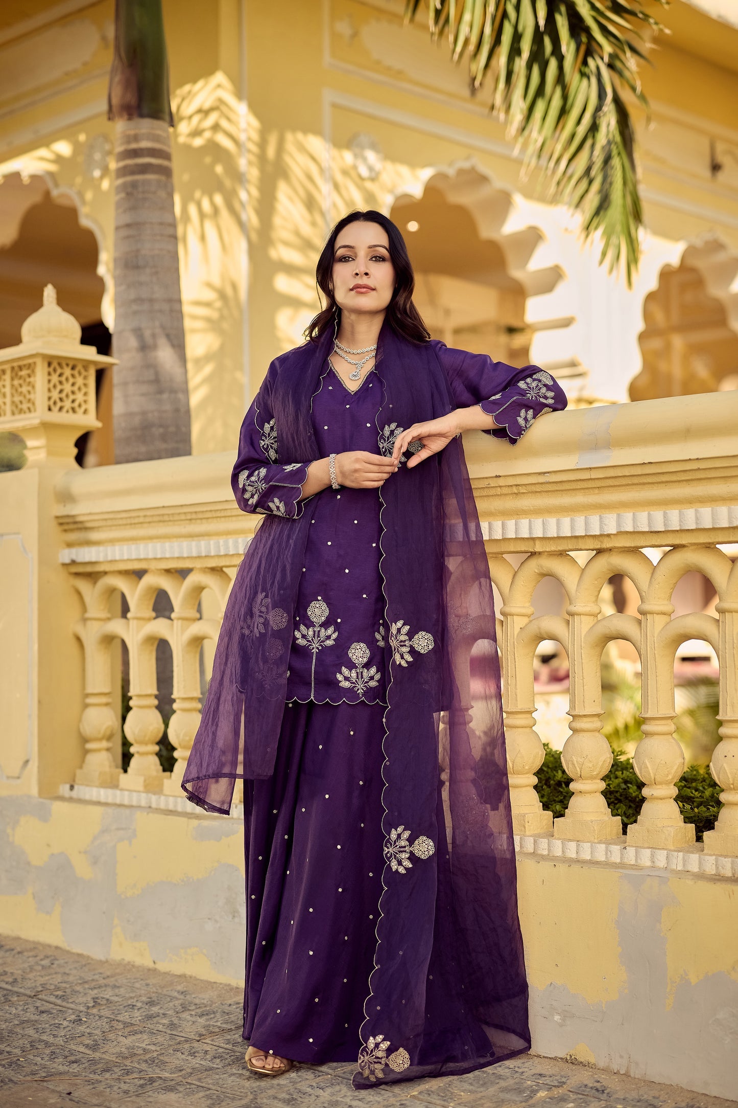 Purple Chanderi Silk Kurta With Palazzo Set With Heavy Thread Embroidery Work