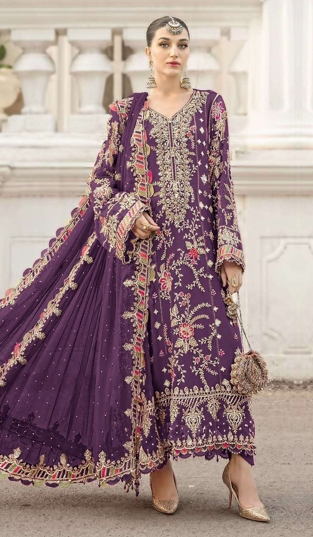 Purple Chiffon Designer Suit Set With Delicate Embroidery