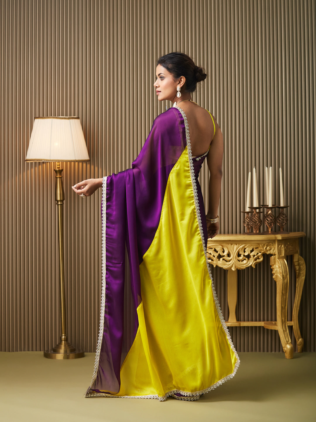 Purple Chiffon Mirrorwork Blocked Work Ceremonial Saree