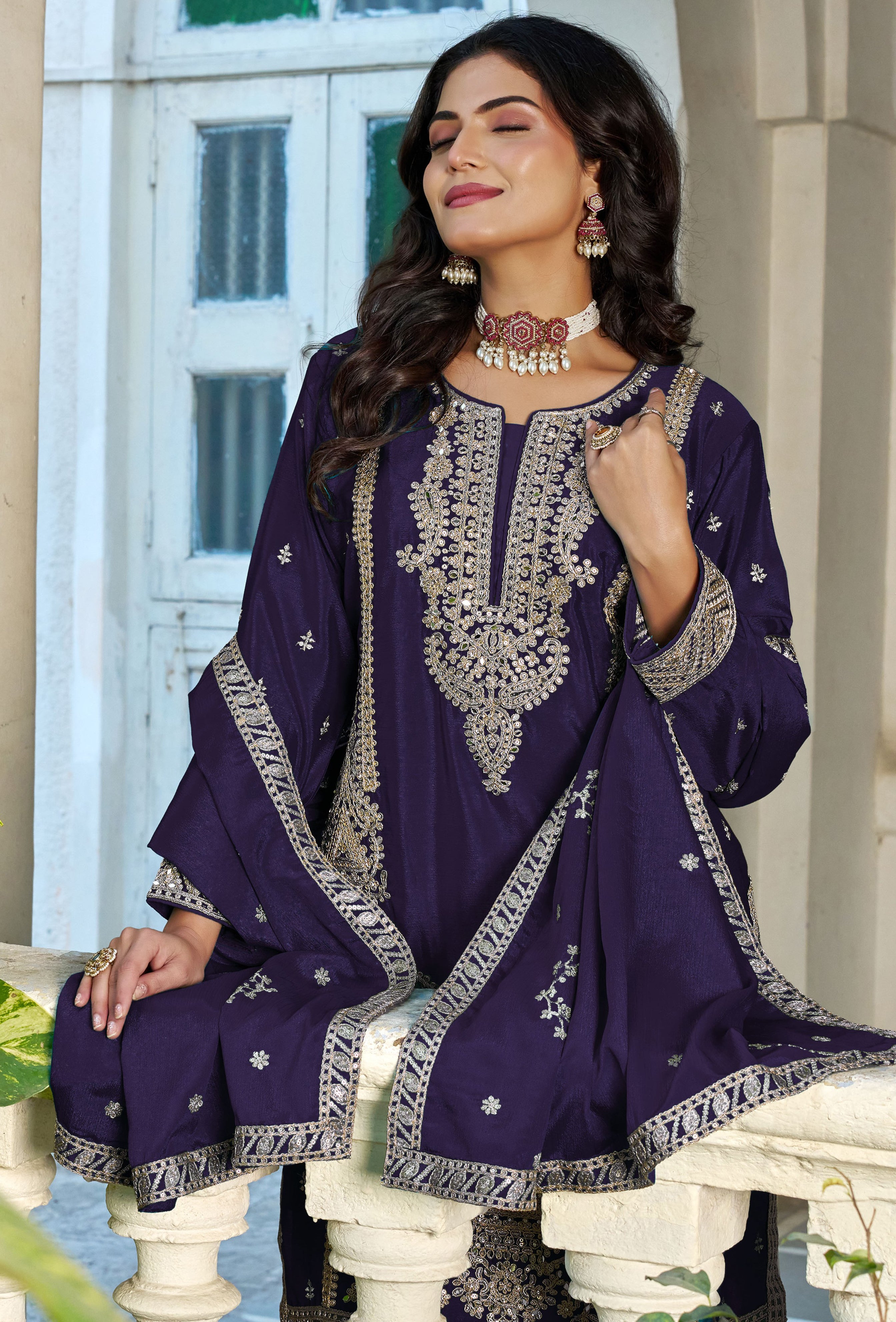 Purple Chinon Palazzo Suit With Sequin Embroidery