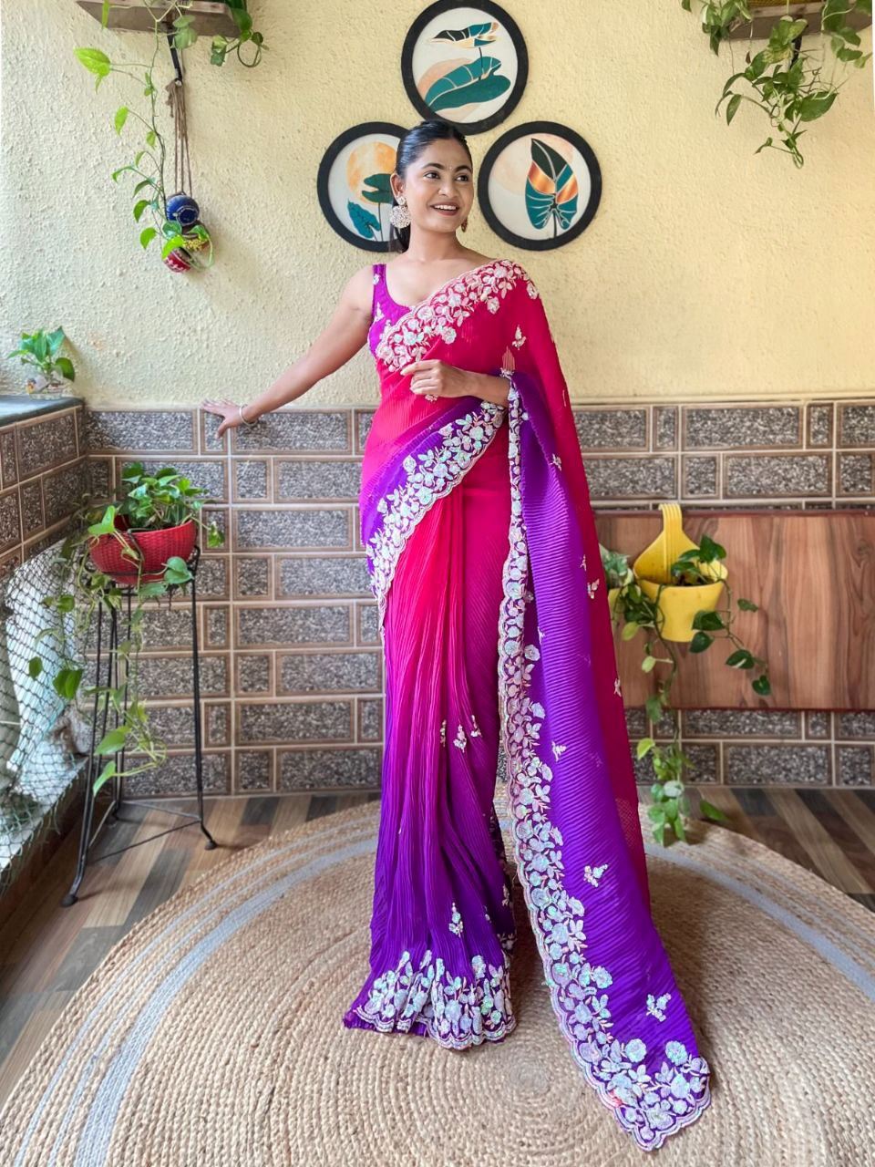 Purple Colour Georgette Embroidery Crush Work Saree