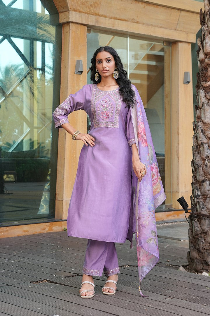 Purple Cotton Silk Designer Suit Set With Elegant Embroidery
