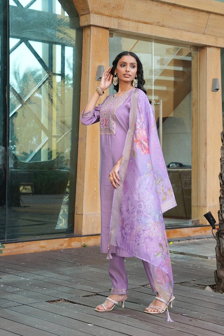 Purple Cotton Silk Designer Suit Set With Elegant Embroidery