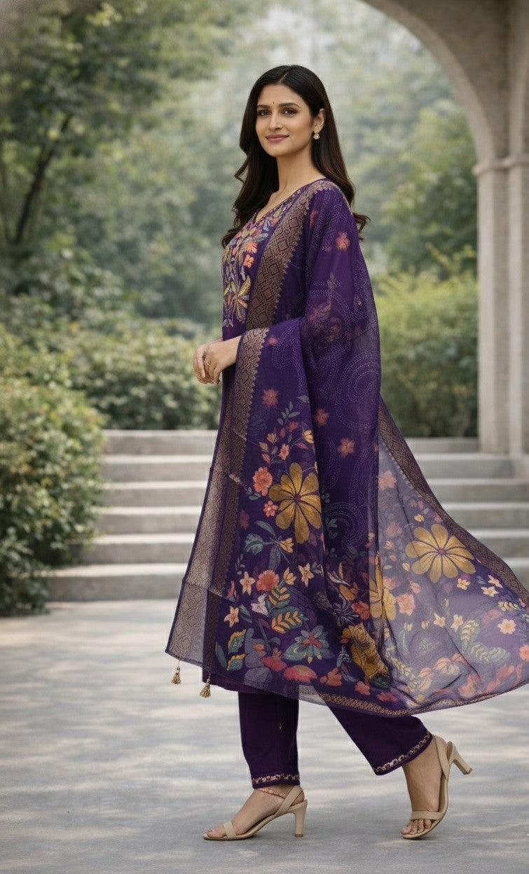 Purple Cotton Silk Designer Suit Set With Sequin Embroidery