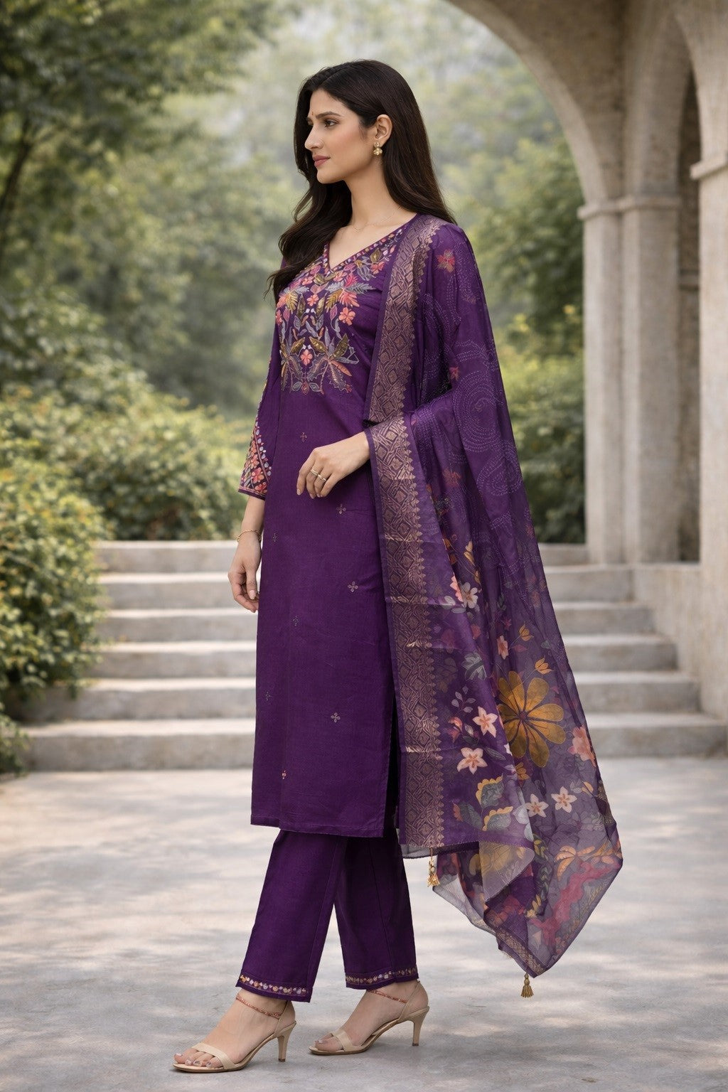 Purple Cotton Silk Designer Suit Set With Sequin Embroidery