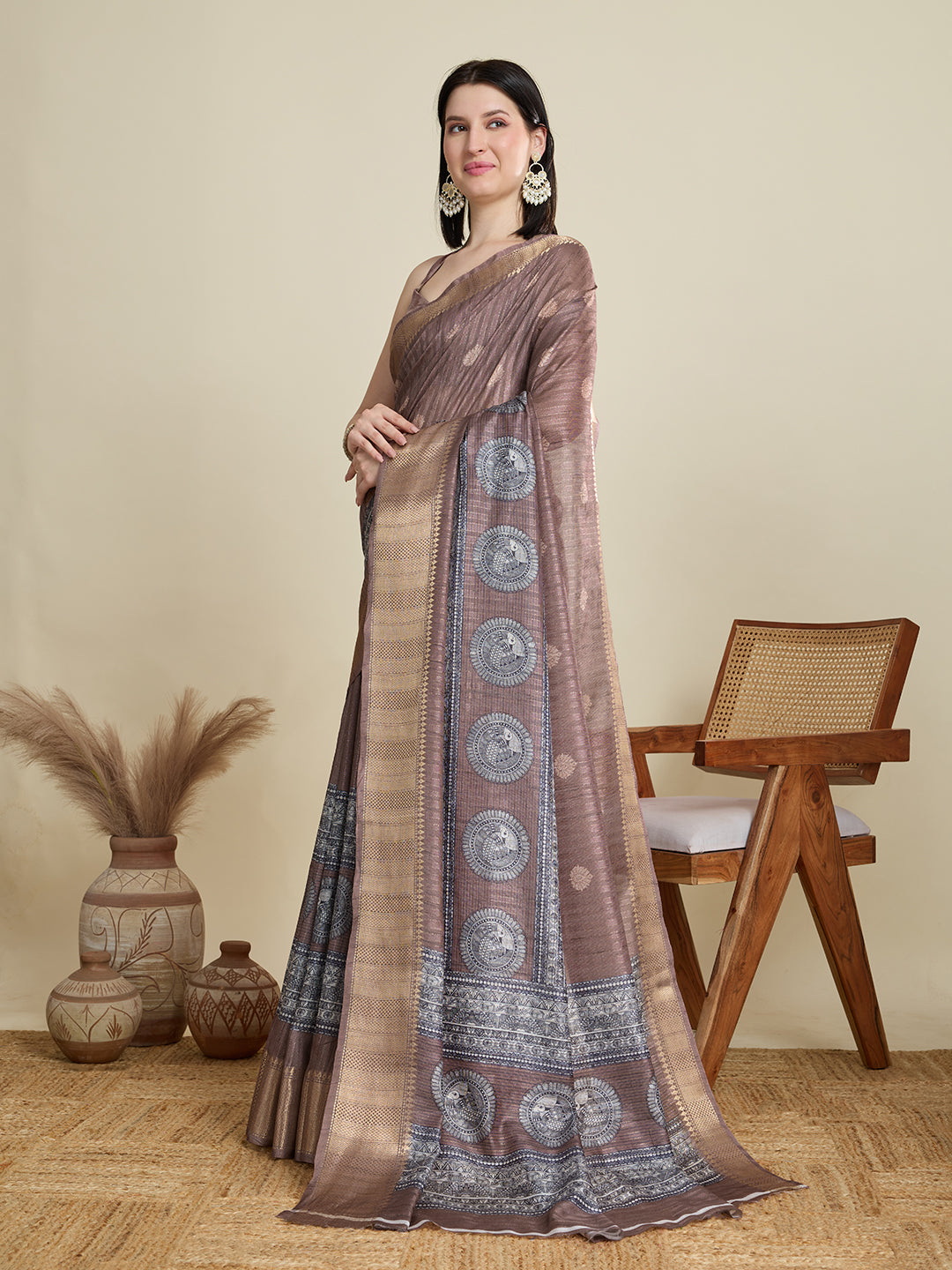 Purple Cotton Woven Border Designer And Printed Ceremonial Saree