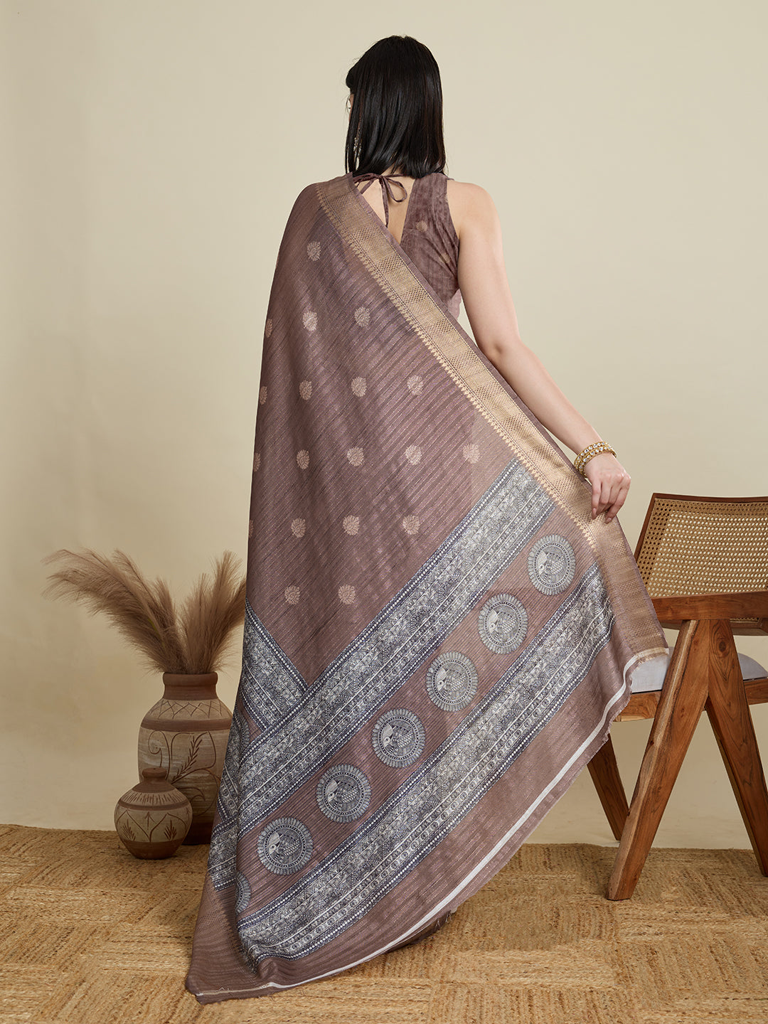 Purple Cotton Woven Border Designer And Printed Ceremonial Saree