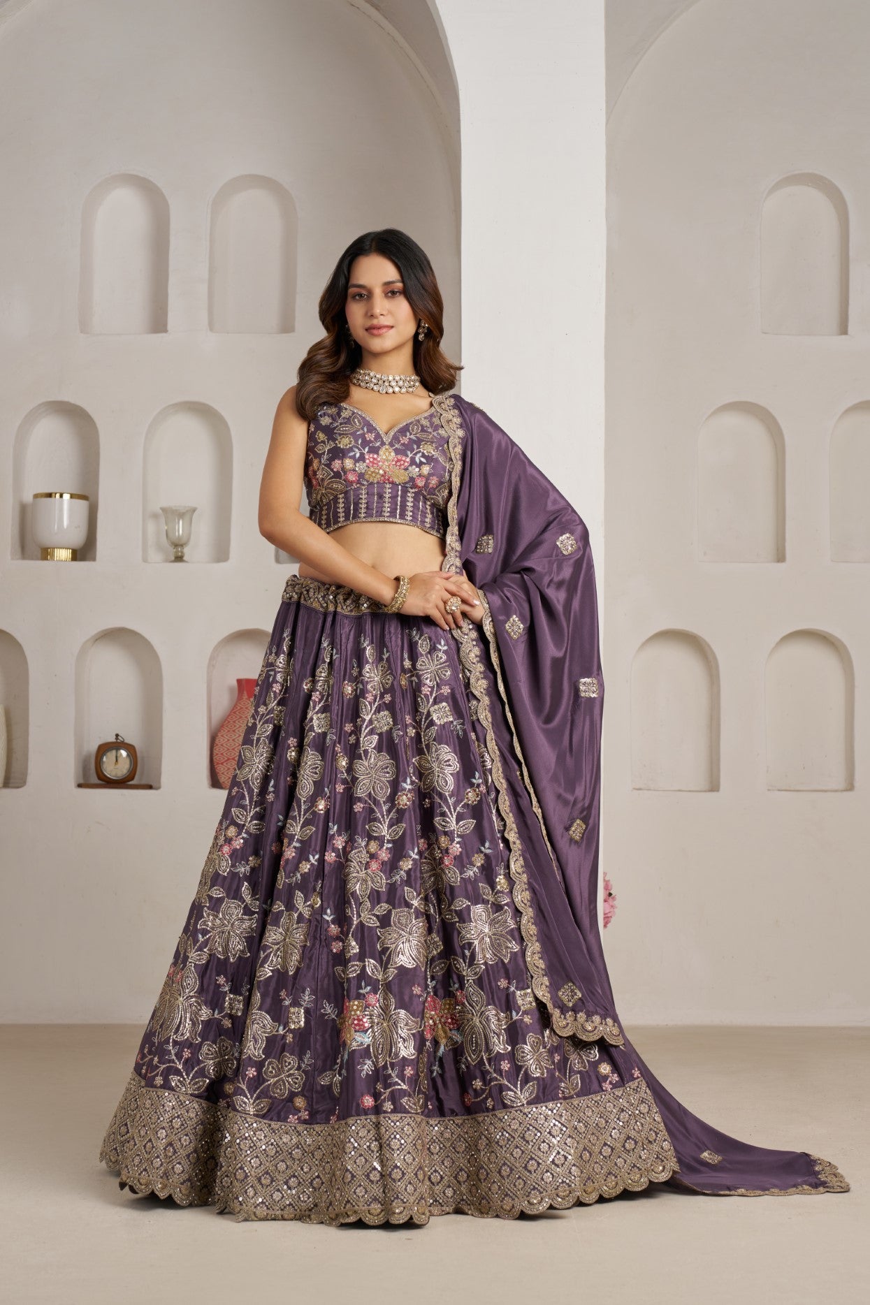 Purple Crepe Silk Golden Floral Designer Lehenga Choli