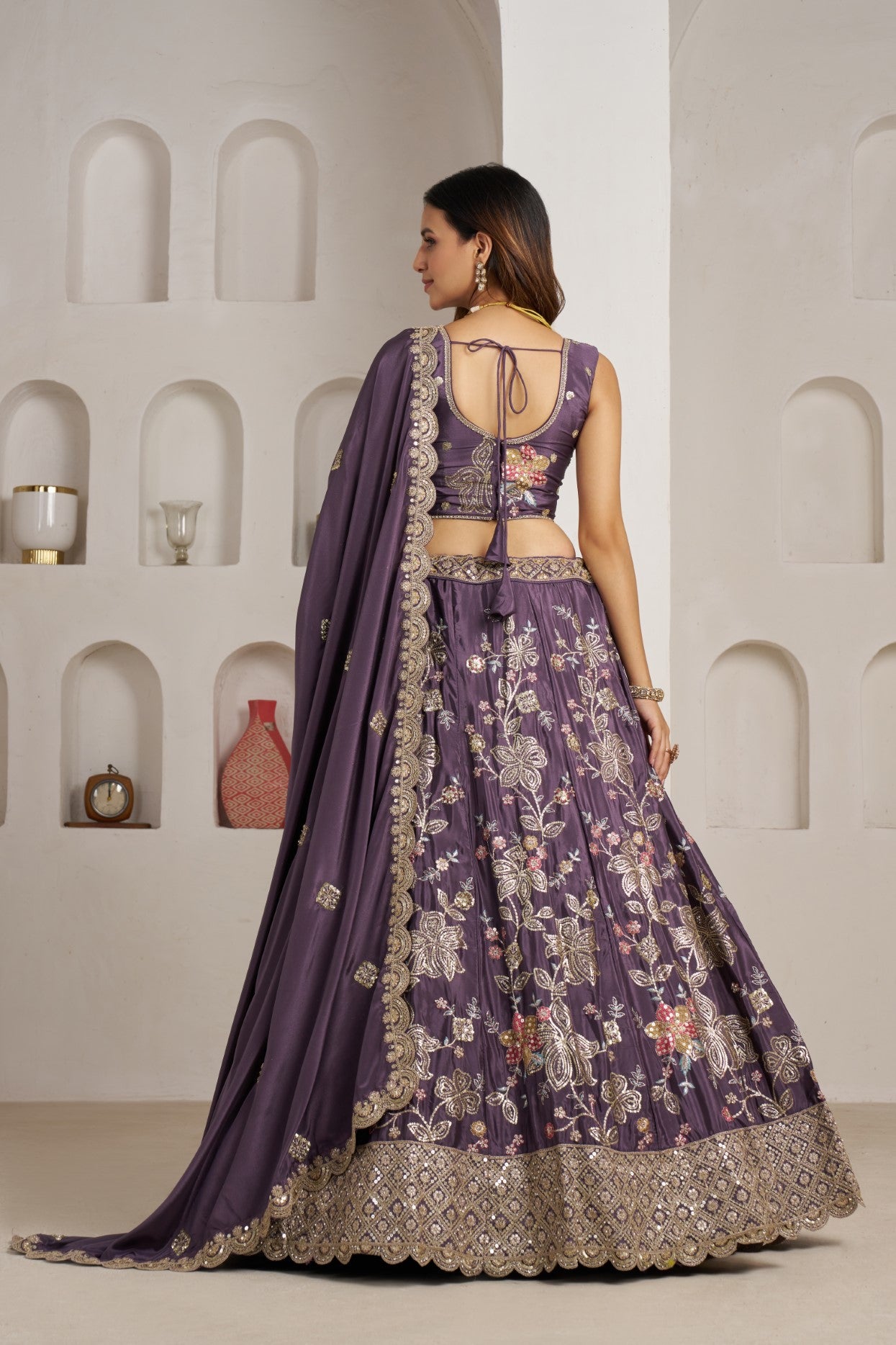 Purple Crepe Silk Golden Floral Designer Lehenga Choli