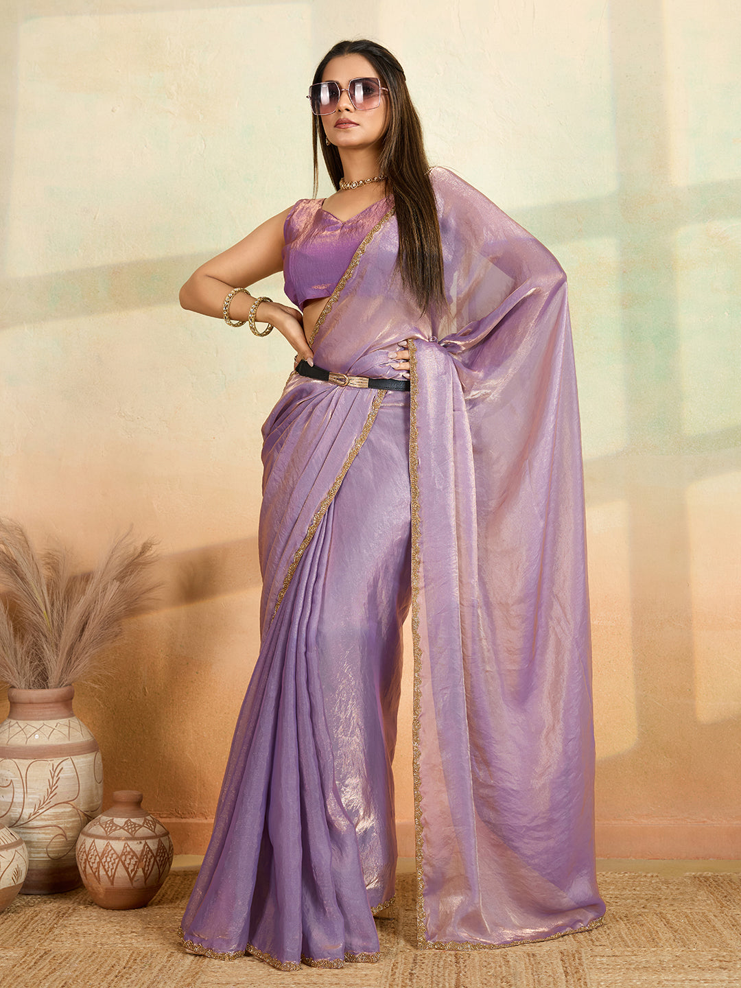 Purple Designer Beads Embroidery Work Fendy Satin Bollywood Style Saree