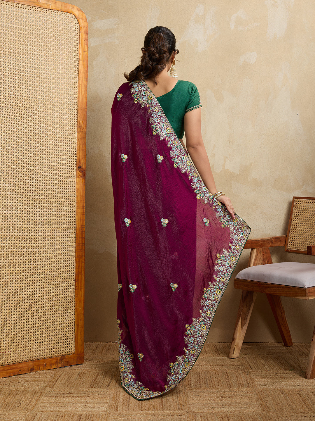 Purple Designer Embroidery Work Frendy Chiffon Wedding Ceremony Special Saree
