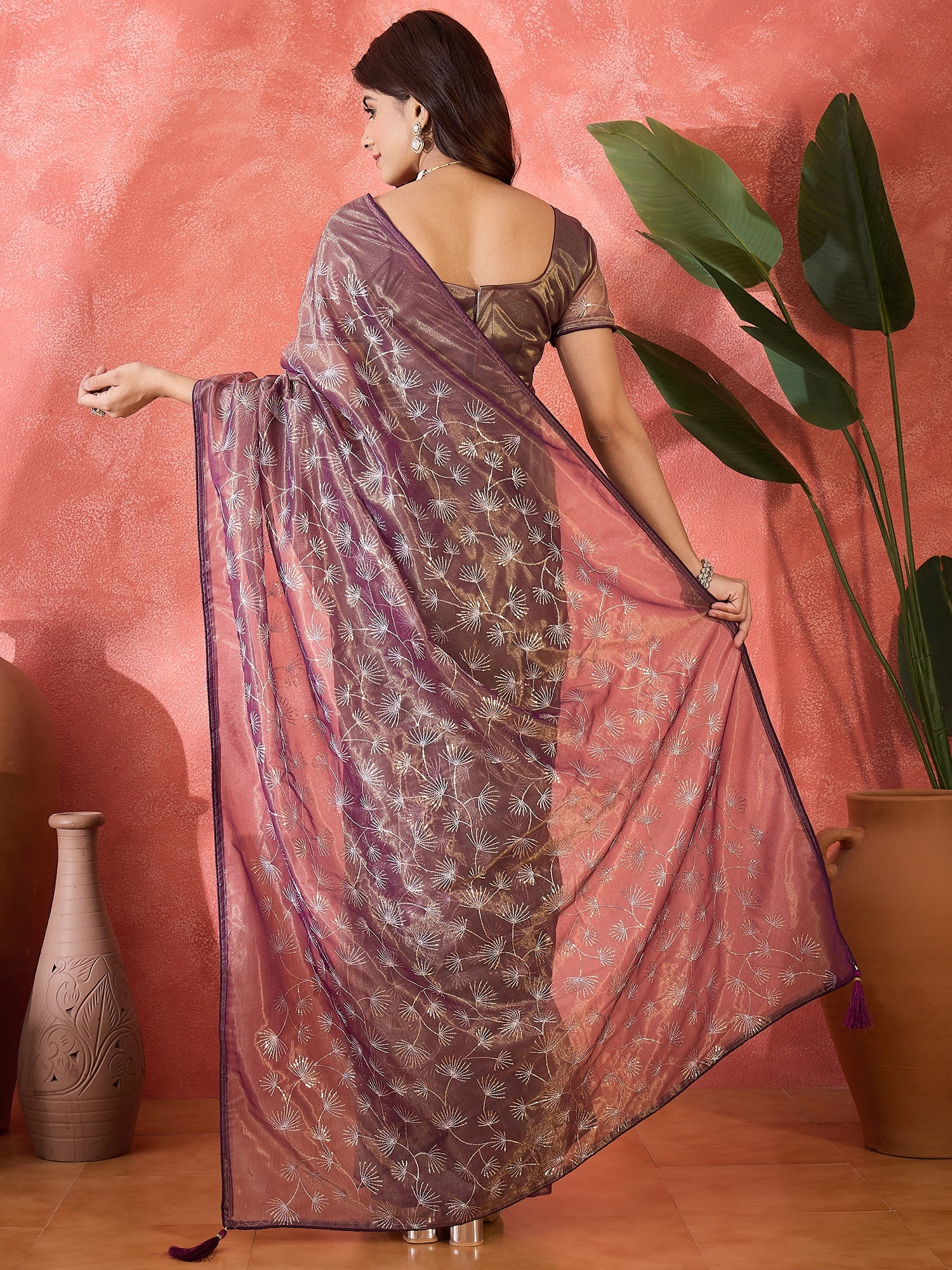 Purple Designer Twill Net Sequins Embroidery Work Saree